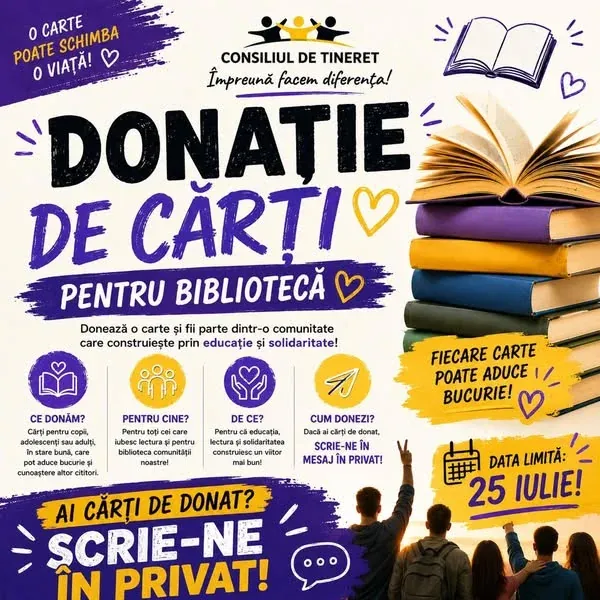 Afișul campaniei „Donație de cărți pentru bibliotecă” a Consiliului Raional al Tinerilor Ungheni: ce se donează, pentru cine, cum se donează (mesaj privat) și data limită — 25 iulie.