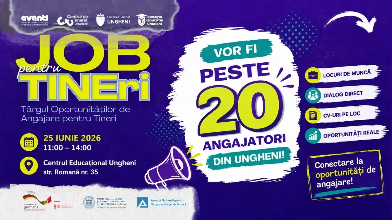 Afișul târgului de carieră „JOB pentru TINEri”, organizat de Asociația „Avanti” la Ungheni.