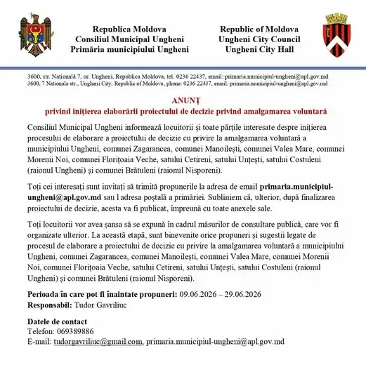 Anunțul oficial al Consiliului Municipal Ungheni privind inițierea proiectului de decizie de amalgamare voluntară, cu lista celor zece localități, perioada consultării și datele de contact