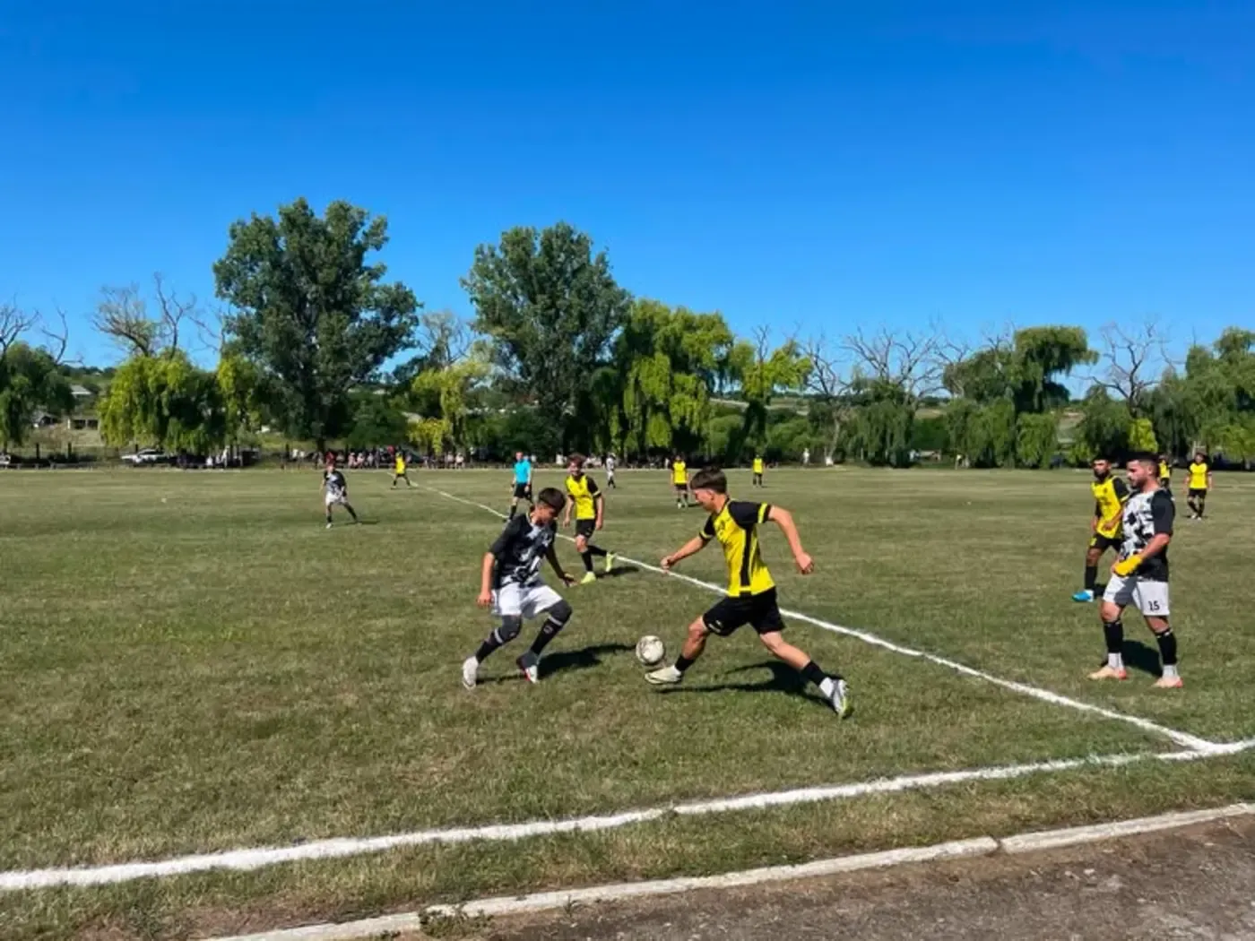 Fază de joc pe un teren de iarbă, sub soare puternic: fotbaliști în galben-negru și în alb-negru dispută mingea, cu spectatori și sălcii în fundal