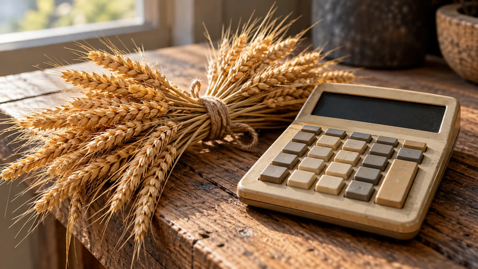 Un snop de spice de grâu legat cu sfoară, lângă un calculator de birou vechi cu taste bej, pe o masă de lemn, în lumina dimineții.