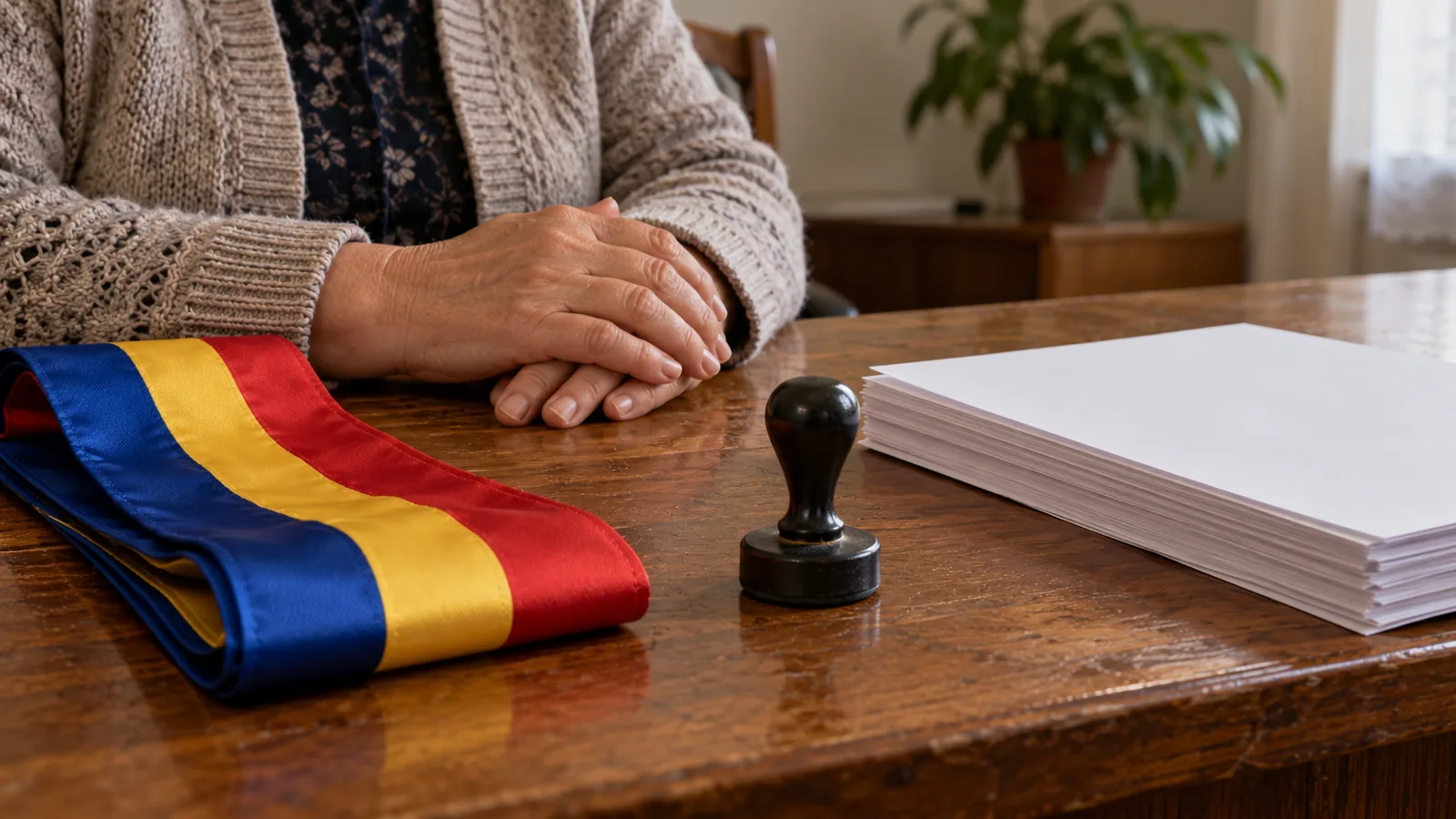 Mâinile unei femei așezate pe un birou de lemn, lângă o eșarfă tricoloră de primar, o ștampilă și un teanc de hârtii.
