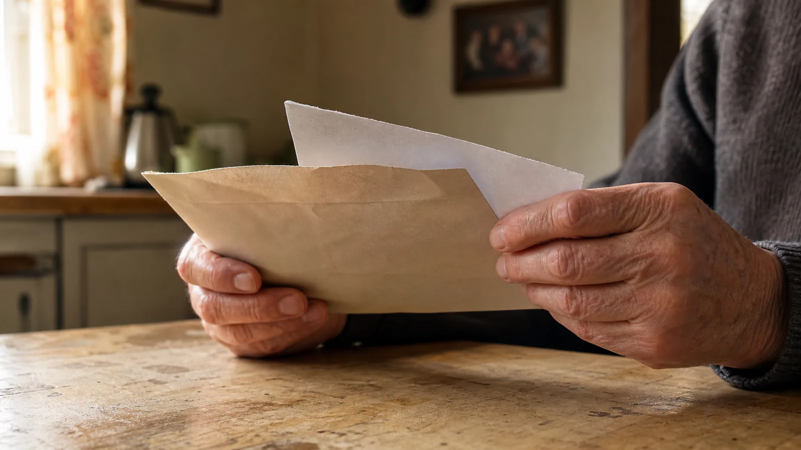 Mâini de vârstnic ținând un plic cu o filă de pensie, pe o masă de bucătărie modestă, lumină caldă de fereastră; pe perete, o fotografie de familie estompată