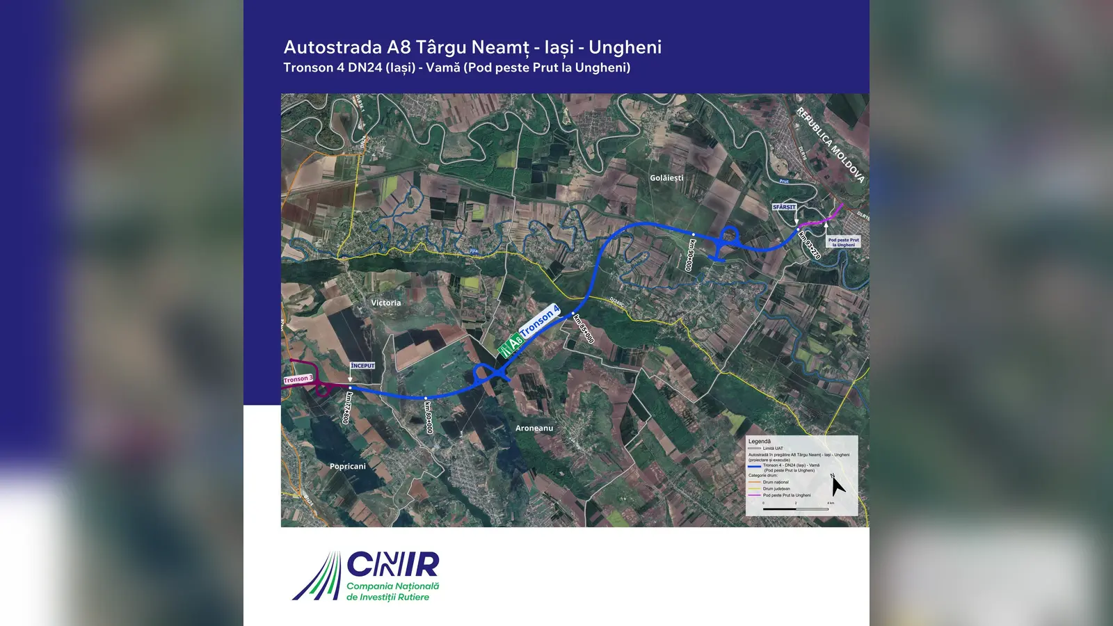 Harta oficială a tronsonului 4 al Autostrăzii A8: traseul albastru DN24 (Iași) — vamă, prin Victoria, Aroneanu și Golăiești, până la marginea Republicii Moldova; podul peste Prut la Ungheni marcat cu magenta.