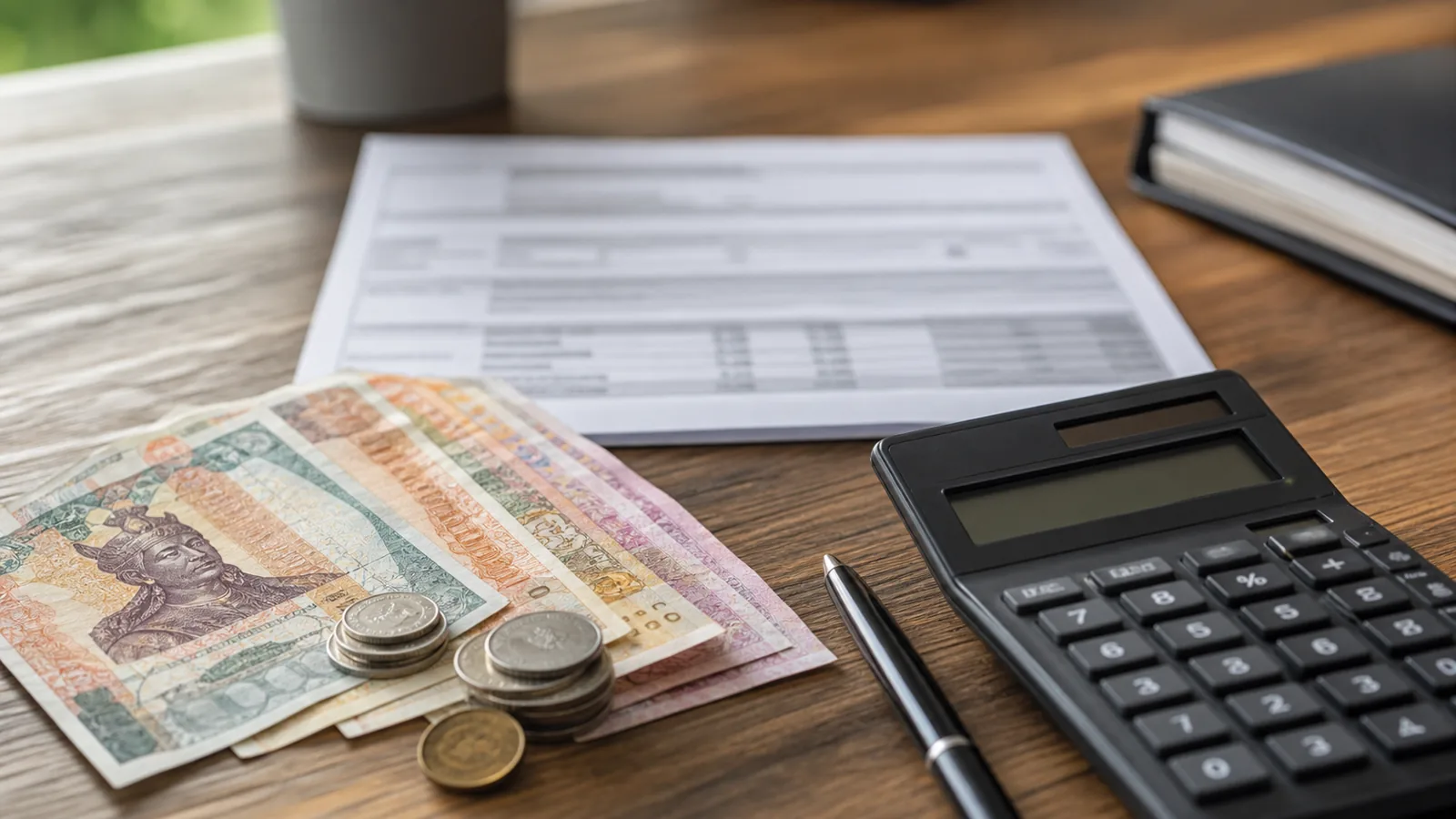 Bancnote și monede pe o masă de lemn, lângă un calculator, un pix și un fluturaș de salariu cu rânduri estompate — imagine ilustrativă.