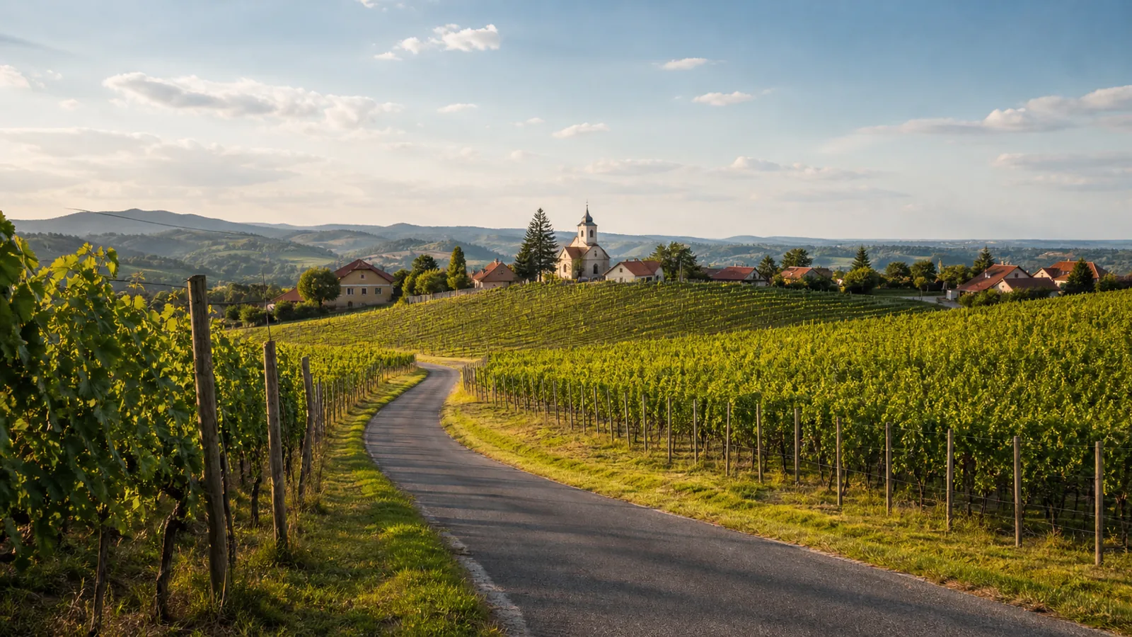 Drum de țară șerpuind printre dealuri cu vii și o bisericuță de sat în depărtare, într-o după-amiază de vară — imagine simbolică pentru turismul rural.