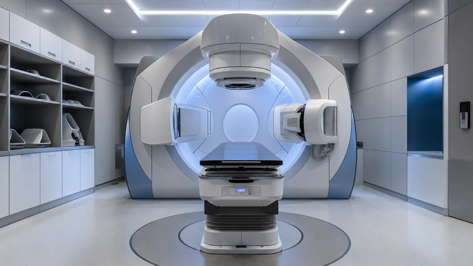Un aparat modern de radioterapie — accelerator liniar medical — într-o sală clinică goală și curată, cu lumină rece, albăstruie; masa de tratament în centru, fără pacienți și fără personal. Imagine ilustrativă.