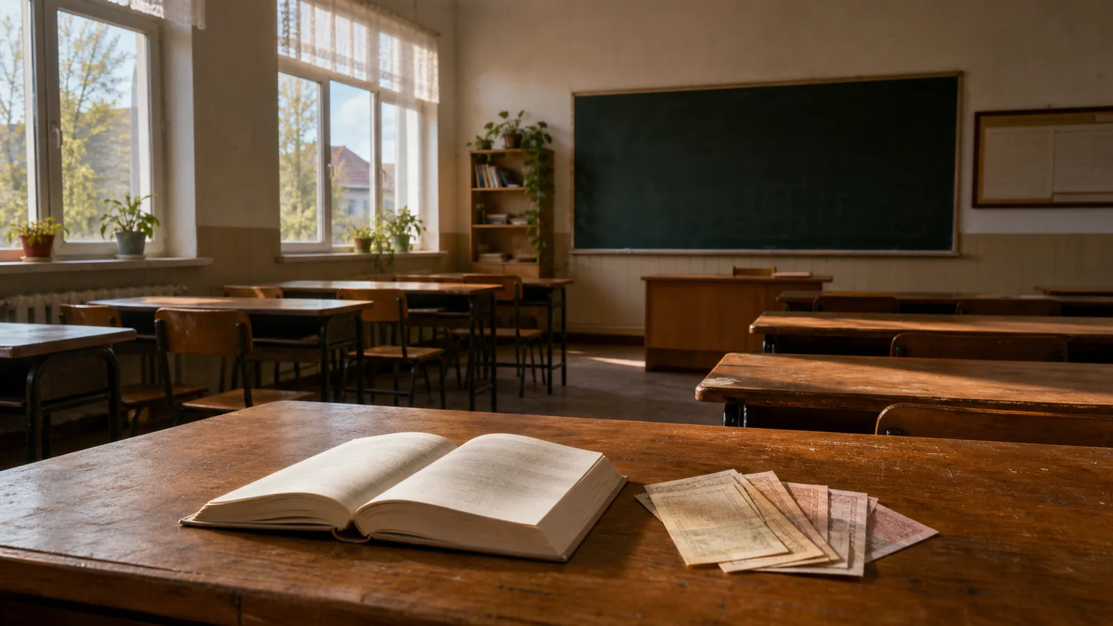 Ilustrație simbolică: o sală de clasă de colegiu, goală, cu bănci și o tablă, lumină de dimineață; pe catedră, o carte și câteva bancnote de lei — sugerează bursa ca miză a educației.