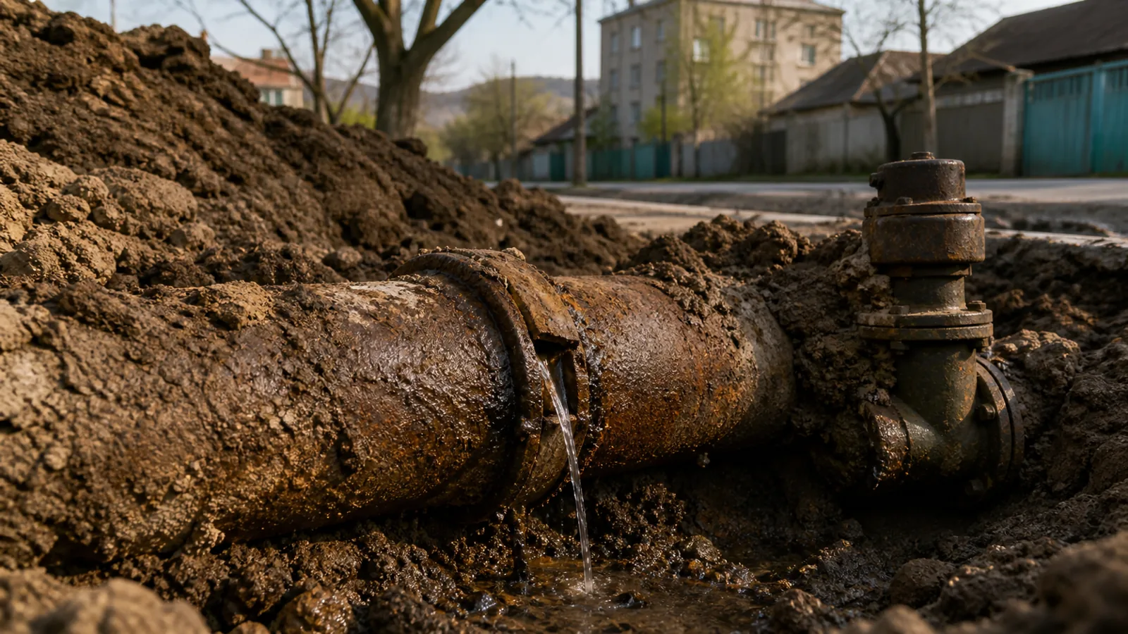 Conductă de apă din fontă dezgropată într-un șanț pe o stradă din Ungheni, cu apă scurgându-se din îmbinare, alături de un contor de debit industrial