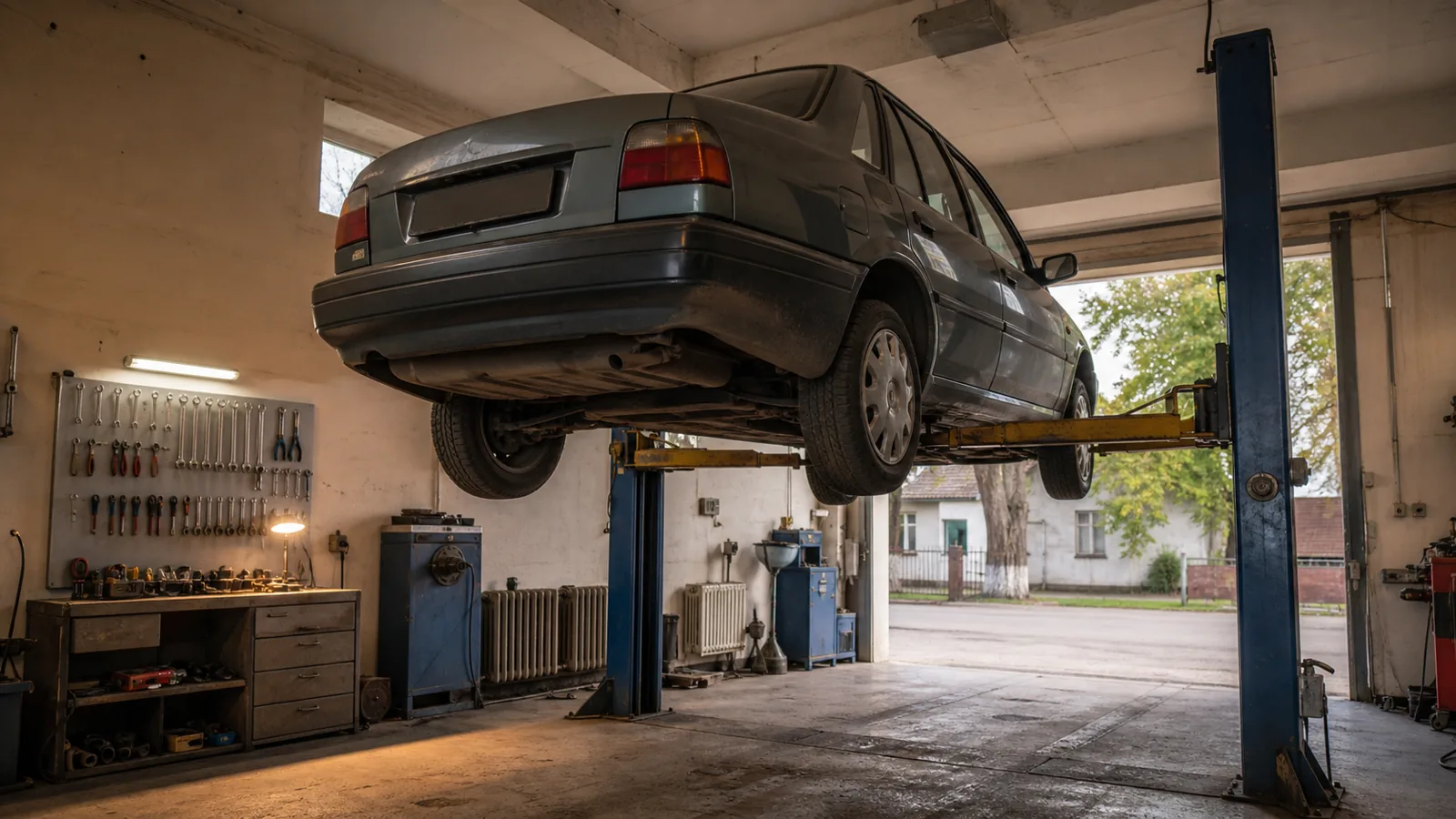 Ilustrație: un automobil ridicat pe elevator într-un atelier de inspecție tehnică, cu unelte și o lampă de lucru, fără persoane sau plăcuțe lizibile în cadru.