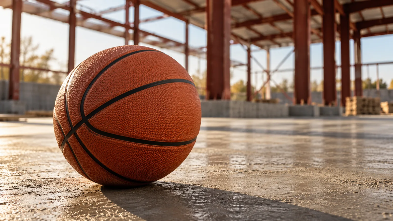 O minge de baschet pe o placă de beton proaspăt turnat, cu stâlpii și grinzile metalice ale unei săli de sport în construcție în fundal
