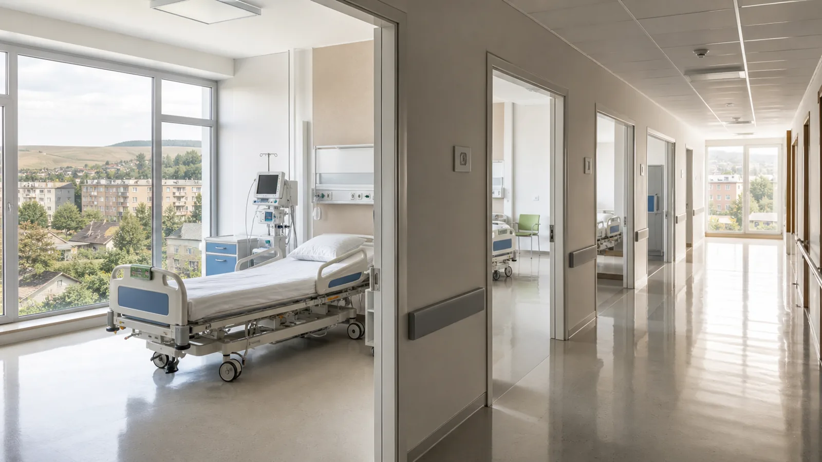 Interiorul luminos al unei secții de spital renovate: un salon cu pat medical și monitor pentru funcții vitale lângă o fereastră mare, un coridor curat cu pardoseală lucioasă și saloane pe margine.