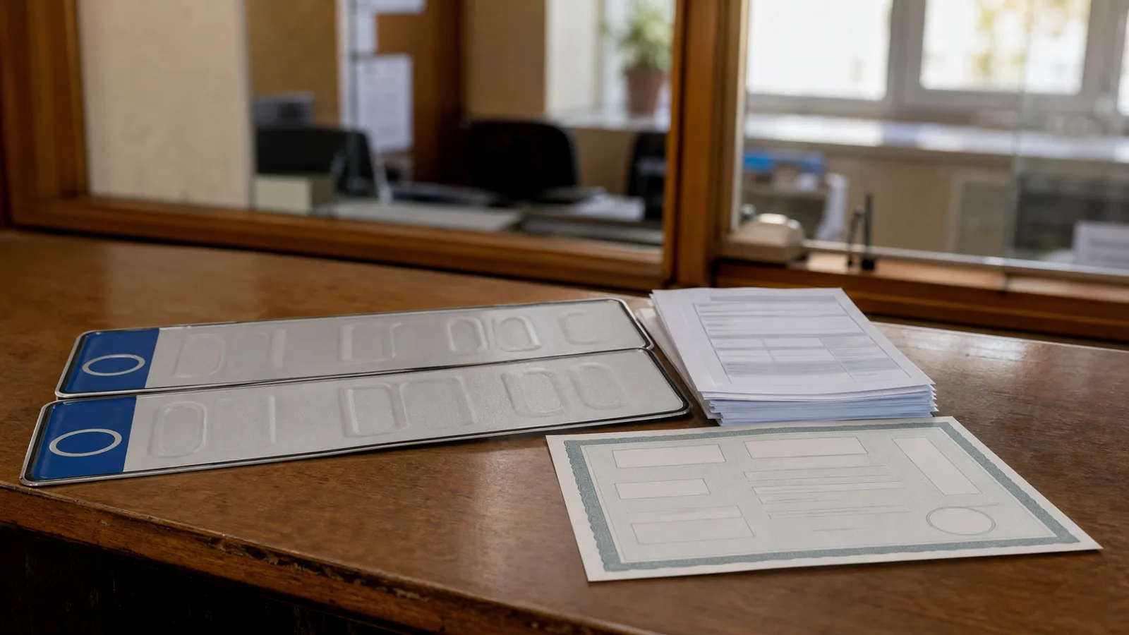 Plăcuțe de înmatriculare moldovenești și un teanc de documente auto pe un ghișeu, într-un birou de servicii publice.