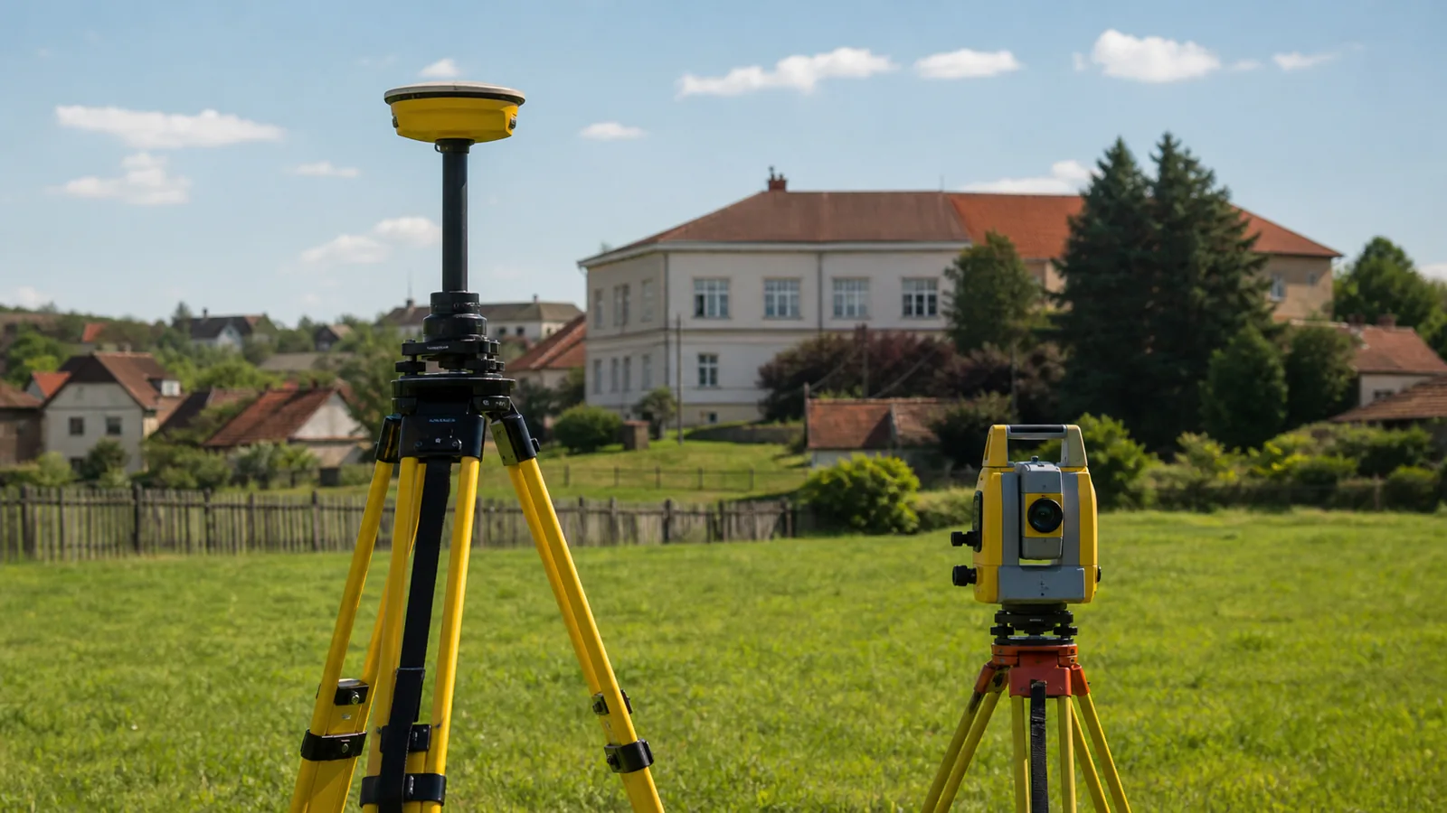 A yellow surveying GPS receiver on a tripod and a total station stand in a green field at the edge of a village, against the backdrop of a public building, a fence and red-roofed houses. A symbolic image.