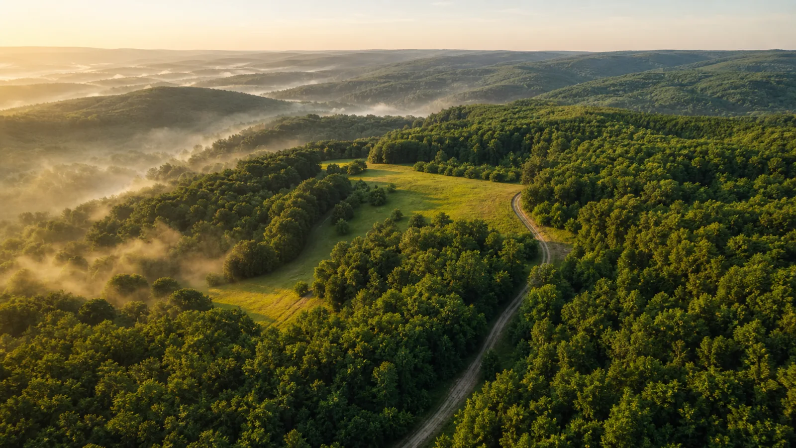 Vedere aeriană peste dealuri împădurite cu ceață ușoară dimineața, o poiană verde și un drum forestier de pământ — imagine ilustrativă.