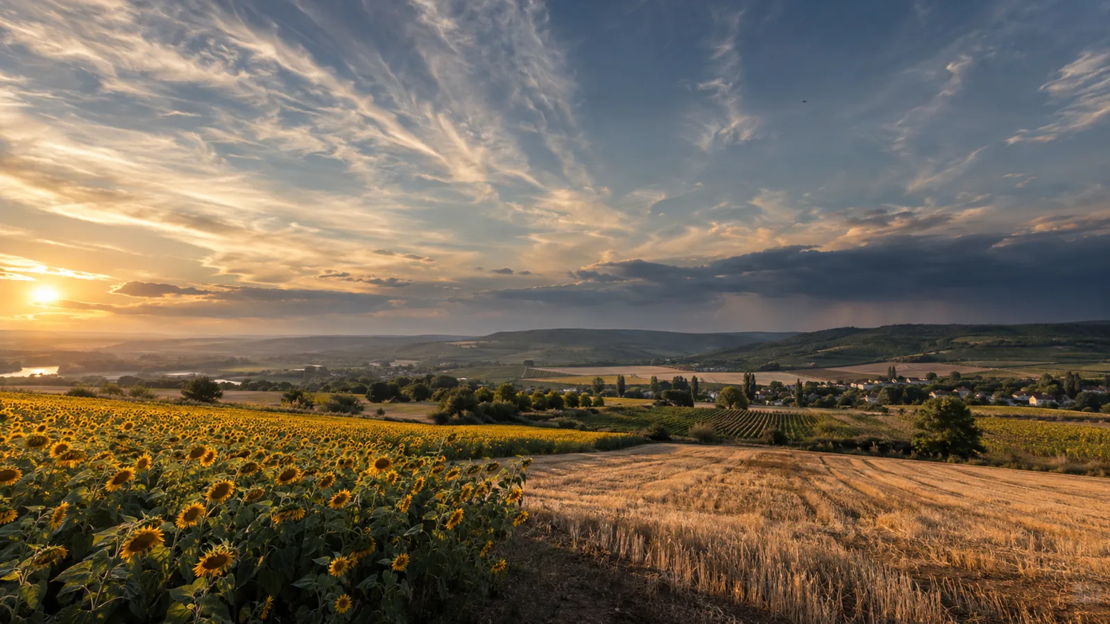 Cer de vară deasupra unor câmpuri agricole ondulate, cu un obiect mic abia vizibil la altitudine, pe direcția orizontului.