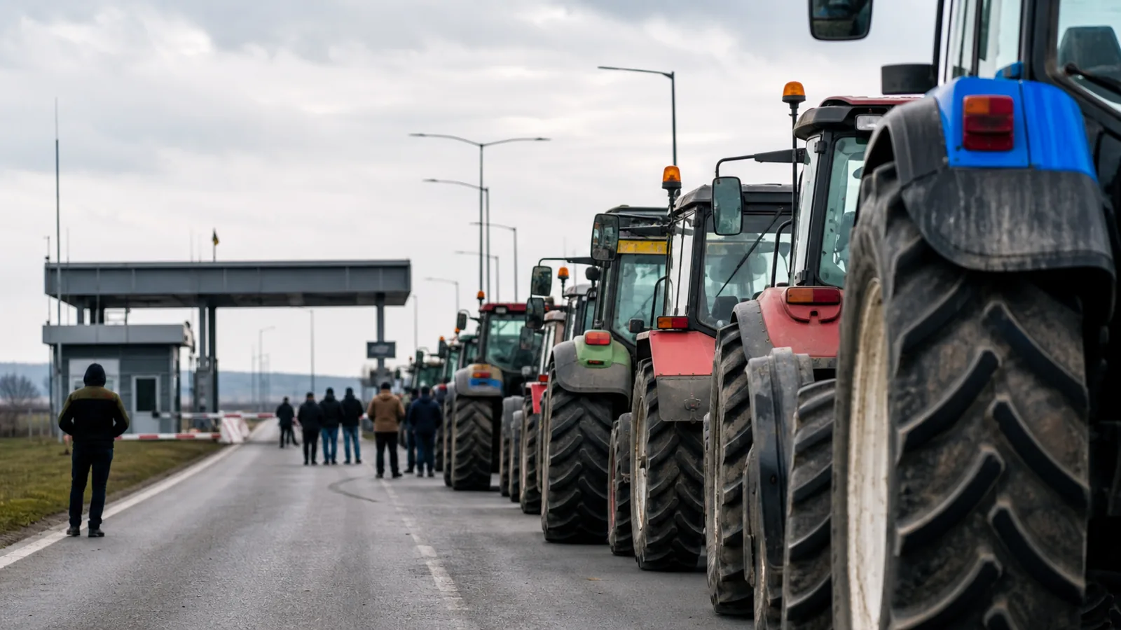 Ilustrație: un șir de tractoare oprite pe un drum lângă un punct de trecere a frontierei, în timpul unui protest al fermierilor.