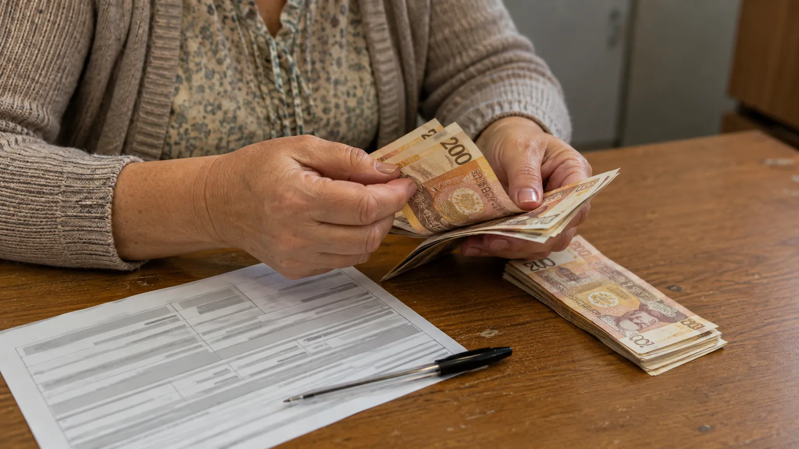 Bancnote de lei moldovenești pe un birou, lângă un pix și o foaie de calcul.