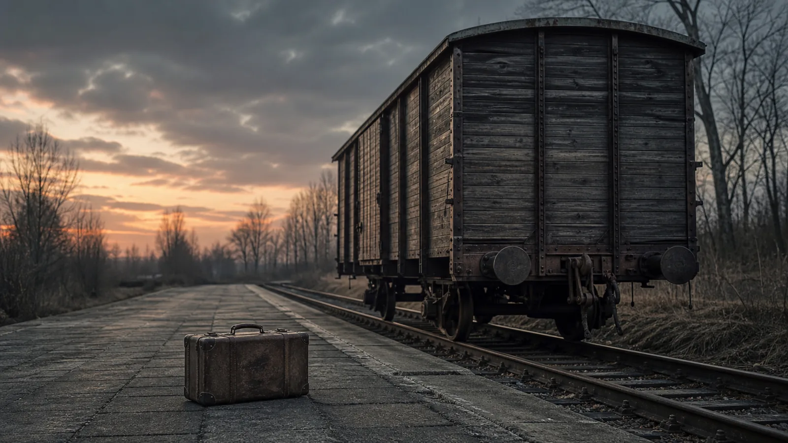 Un vagon de marfă vechi, din lemn, pe o cale ferată ruginită la apus, cu o valiză uzată pe peronul pustiu.