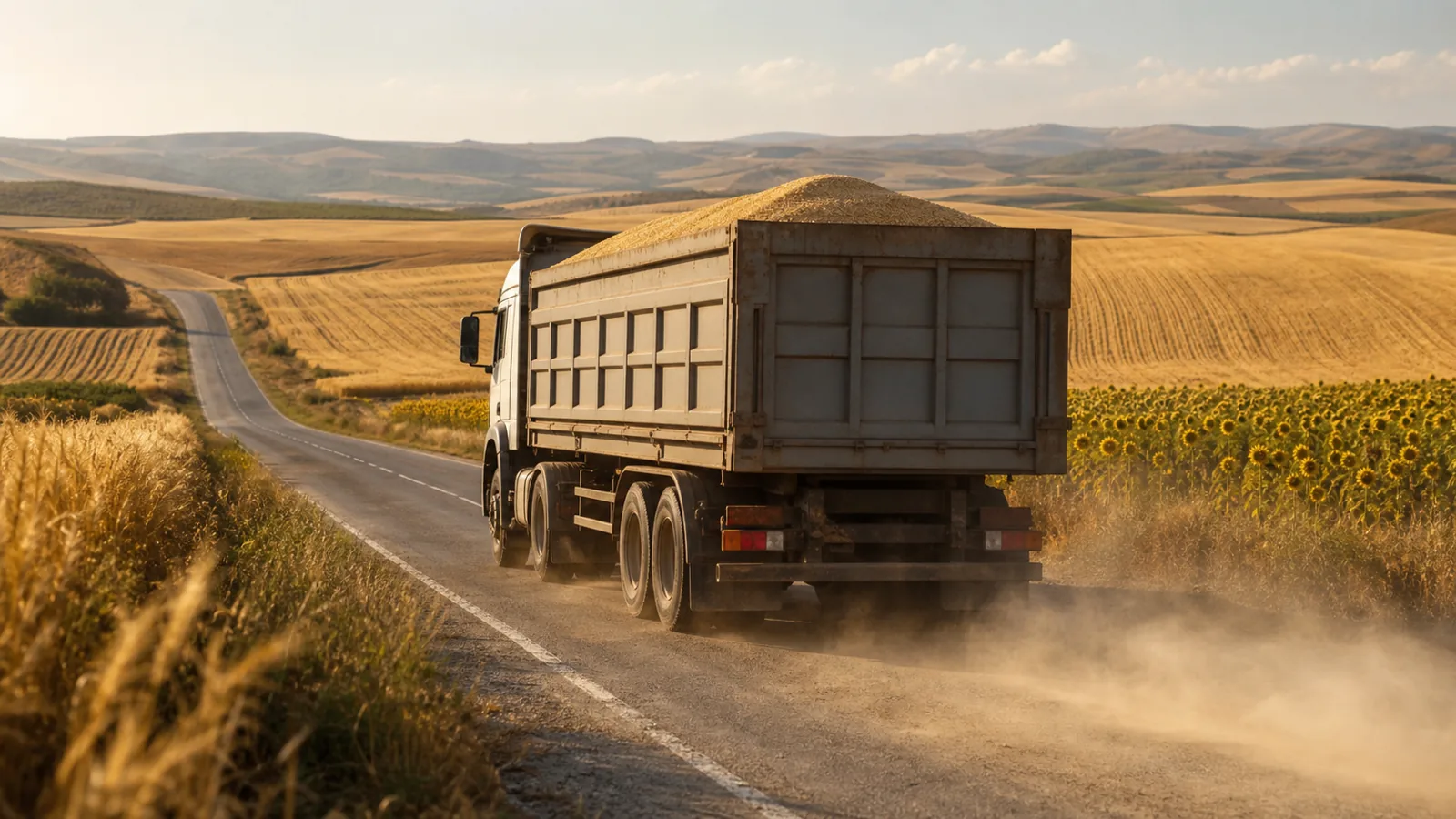 Ilustrație: un camion încărcat cu cereale pe un drum de țară, printre lanuri aurii de vară, la apus; fără persoane sau plăcuțe lizibile în cadru.