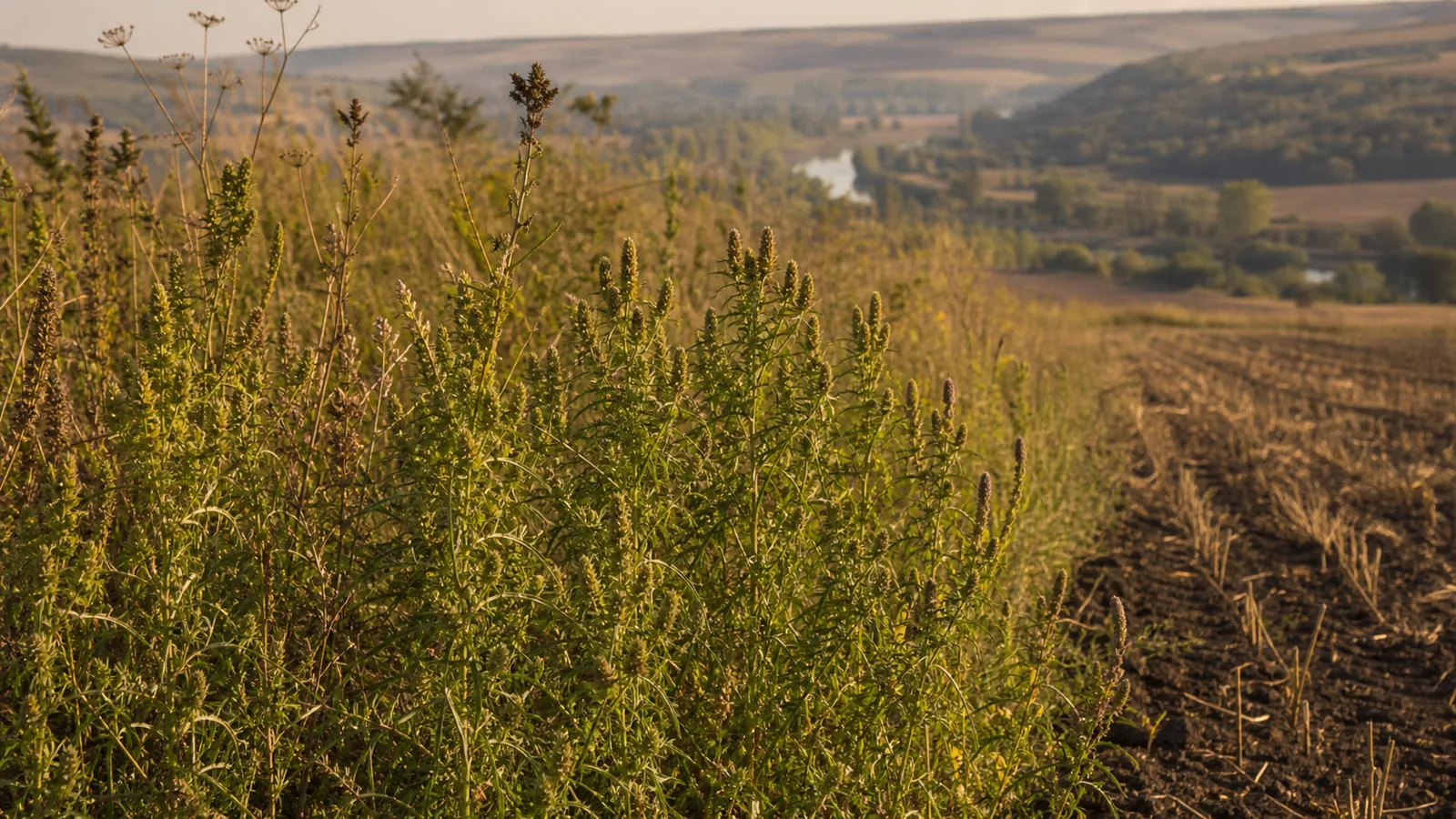 Buruieni înalte crescute la marginea unui câmp agricol, într-o vale de râu, la sfârșit de vară