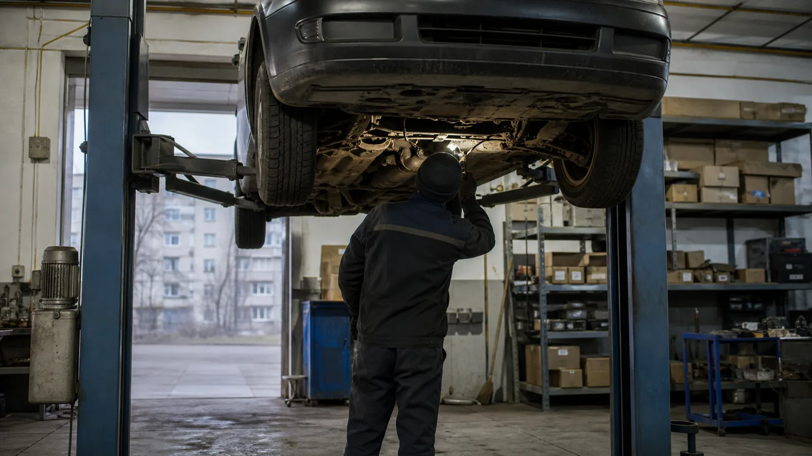 Mecanic văzut din spate, sub o mașină ridicată pe elevatorul hidraulic într-o hală de inspecție tehnică; în fundal, rafturi metalice cu piese auto ambalate