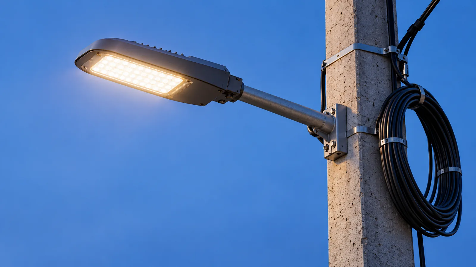 Un corp de iluminat stradal cu LED, montat pe un stâlp de beton, cu un colac de cablu negru prins alături, pe cerul serii.