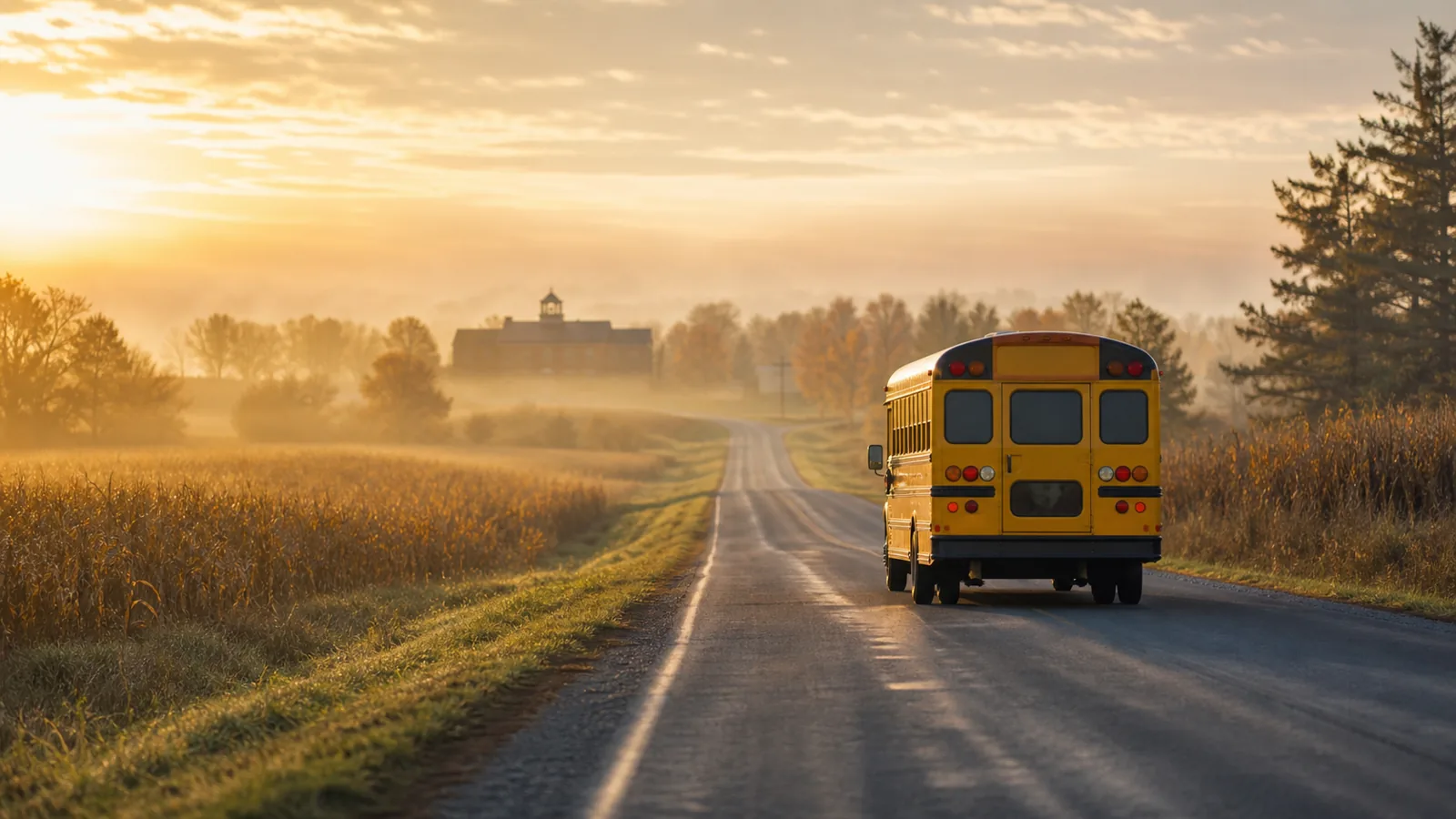 Un autobuz școlar galben pe un drum de țară, în zori, cu o școală rurală în depărtare.