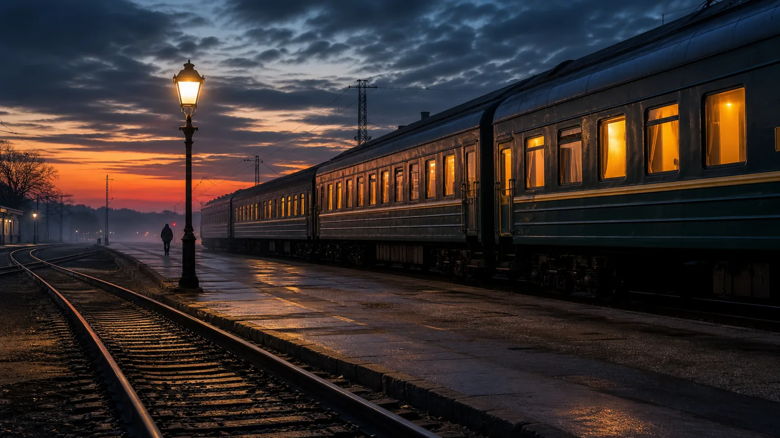 Tren internațional de noapte cu vagoane de dormit, oprit la un peron de gară de provincie est-europeană, în lumina albastră a amurgului; ferestrele luminate cald, șinele ude reflectând lumina unui felinar.