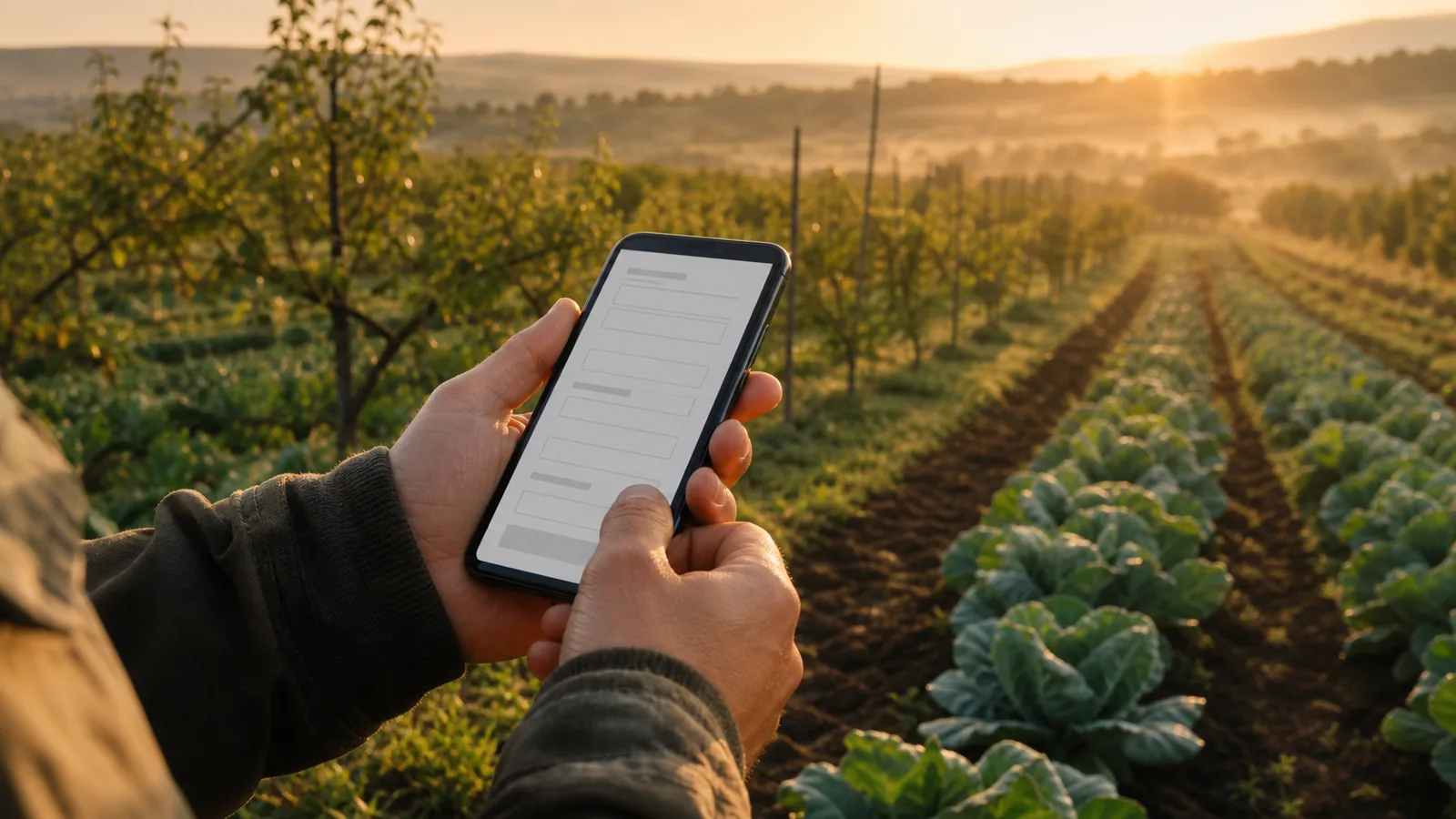 Ilustrație simbolică: mâini de muncitor pe un câmp agricol și un telefon care afișează un formular digital de înregistrare, sugerând trecerea muncii sezoniere într-un registru electronic.