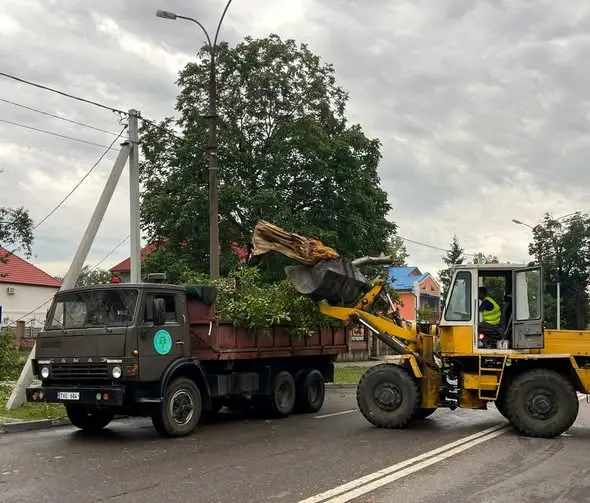 Copaci doborâți pe o stradă din Ungheni, cu echipe de intervenție și utilaje la lucru, după furtuna din 25 august 2026.