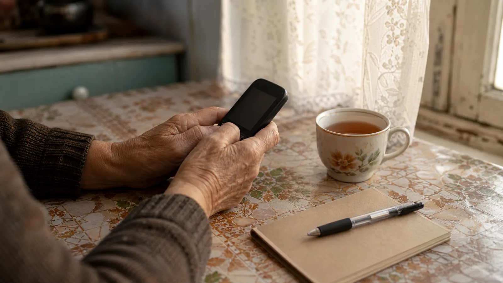Mâinile unei persoane în vârstă ținând un telefon mobil pe o masă de bucătărie, lângă o ceașcă și un carnețel
