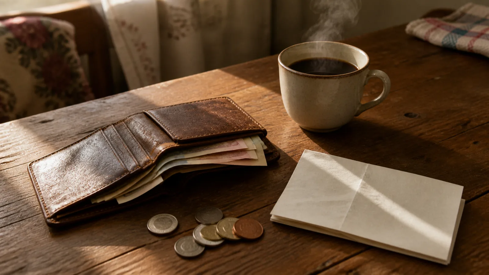Un portofel deschis pe o masă de bucătărie modestă, cu câteva bancnote de lei moldovenești și monede, lângă o factură și o cană de cafea; lumină caldă de dimineață