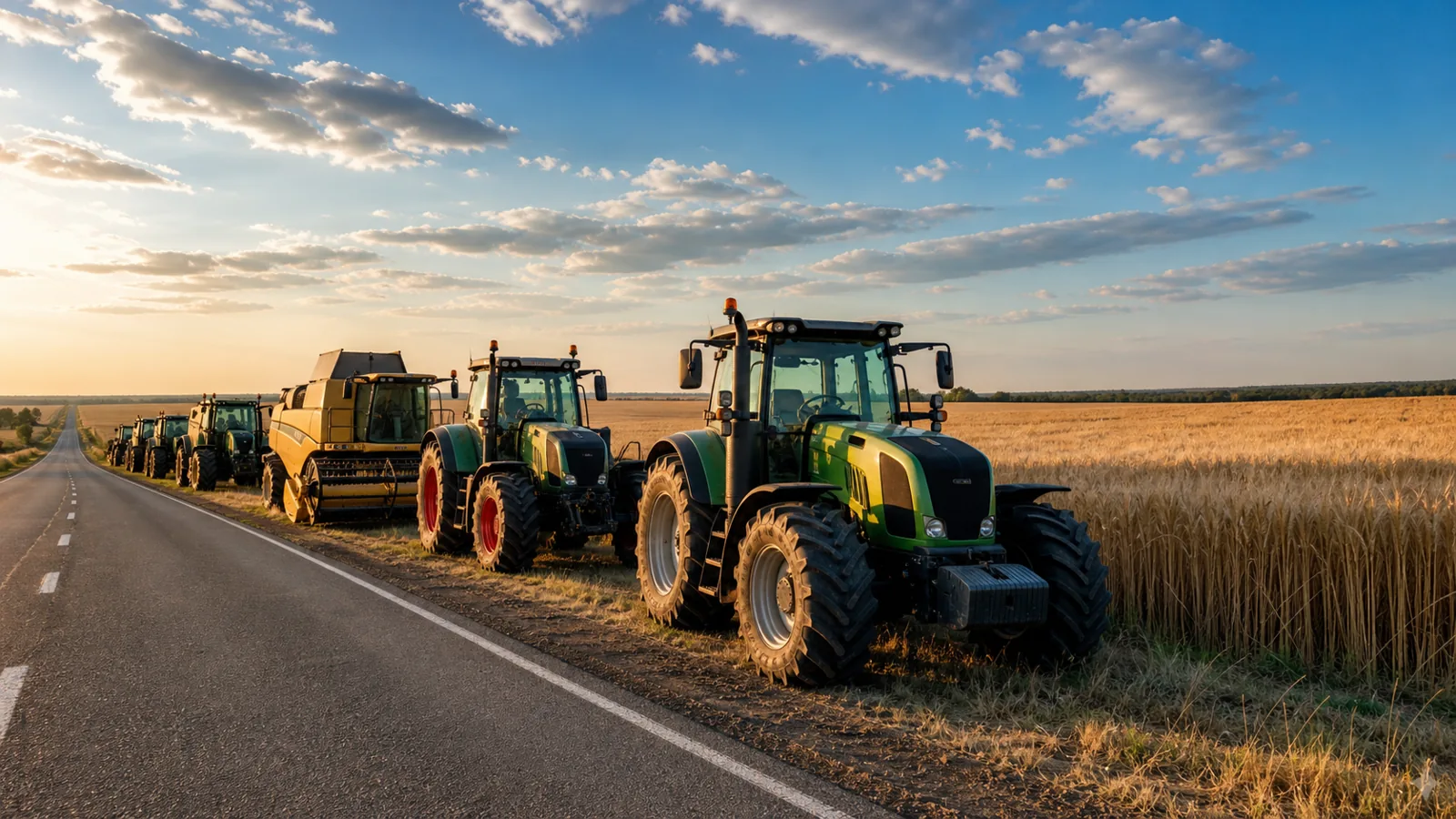 Tractoare și combine aliniate pe marginea unui drum național, lângă un lan de grâu copt, vara, într-un peisaj agricol din Republica Moldova.