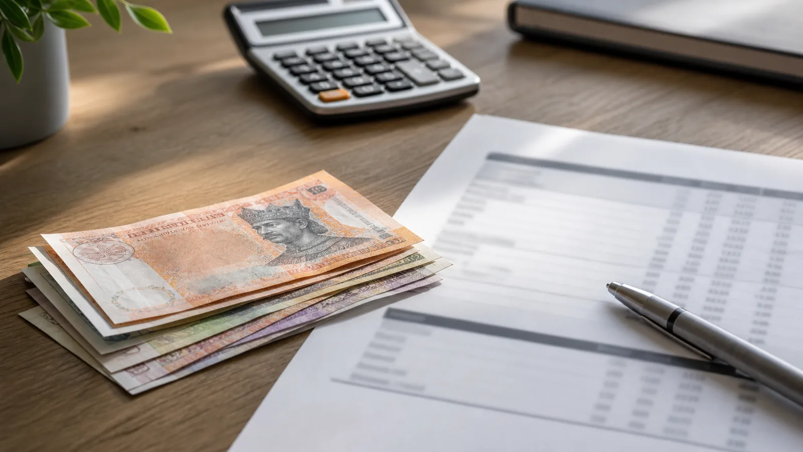 Bancnote de lei moldovenești și un fluturaș de salariu pe un birou, lumină de dimineață.