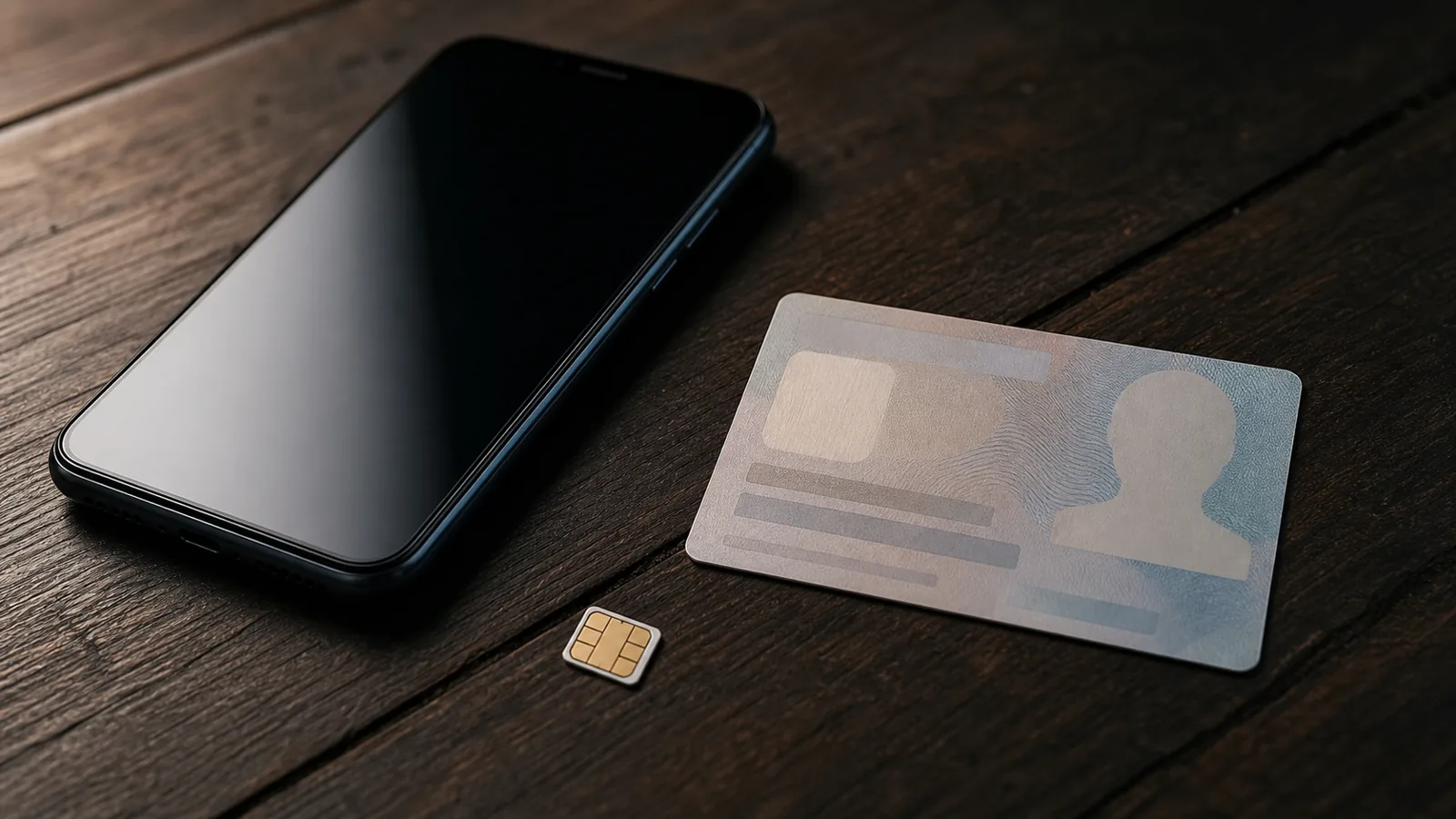 Un telefon mobil, o cartelă SIM și un act de identitate generic, pe o masă de lemn întunecată, în lumină dramatică.