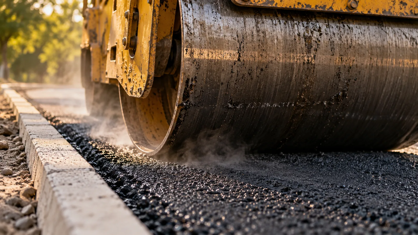Un compactor galben trece peste un strat proaspăt de asfalt negru, lângă o bordură de beton.