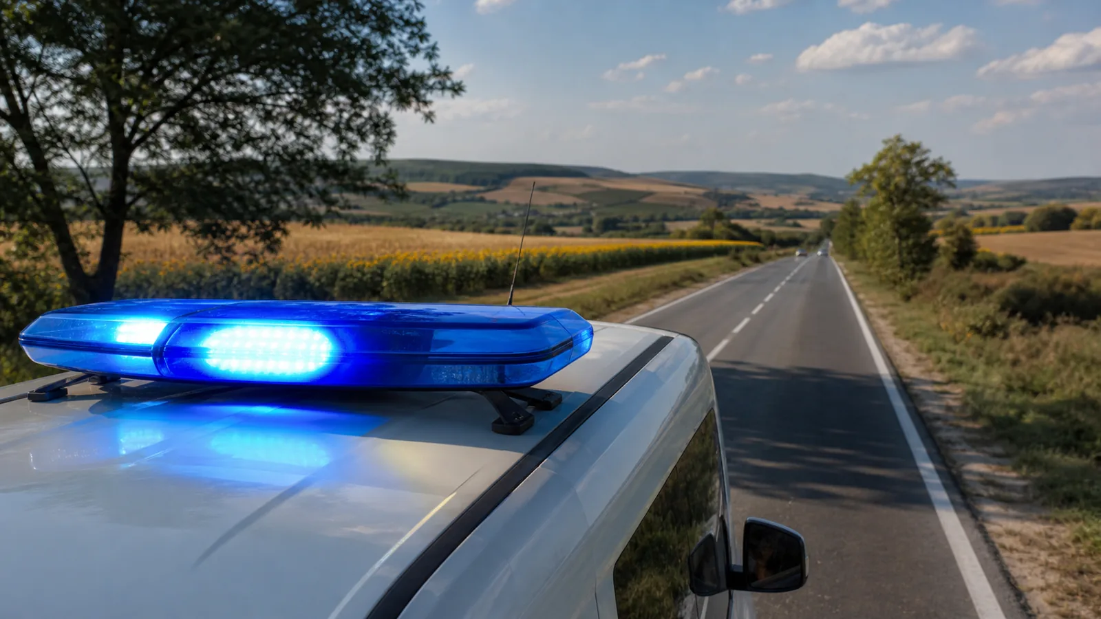 Girofarul albastru al unei ambulanțe pe un drum național de câmpie, în lumina zilei, fără persoane sau vehicule identificabile