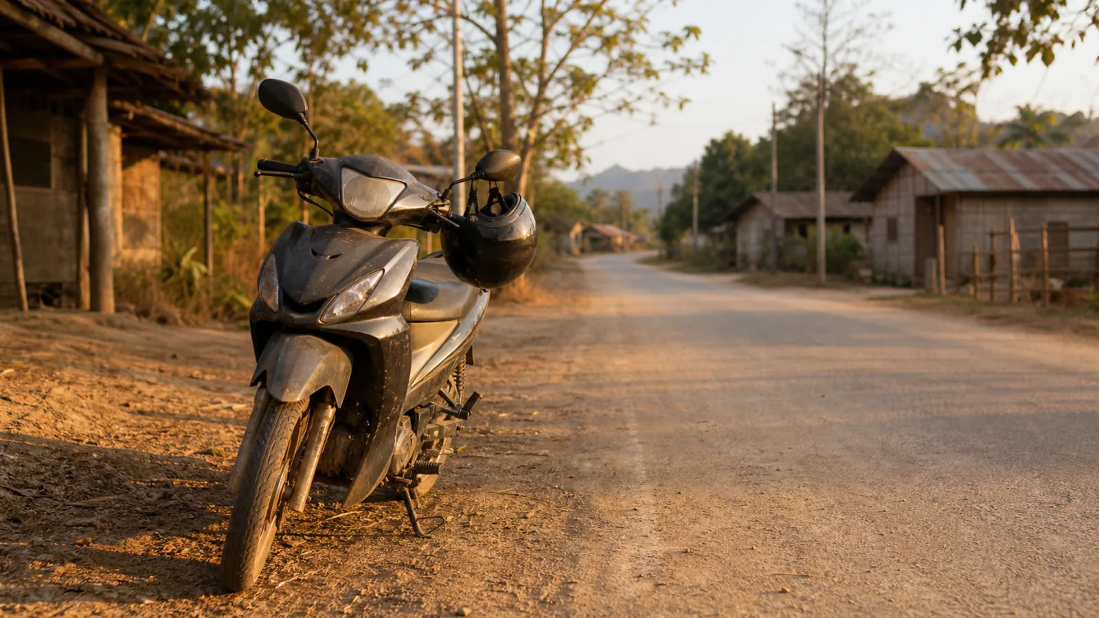 Un moped parcat pe marginea unui drum de țară, cu o cască de protecție agățată de ghidon, pe fundal o uliță de sat goală în lumină de seară