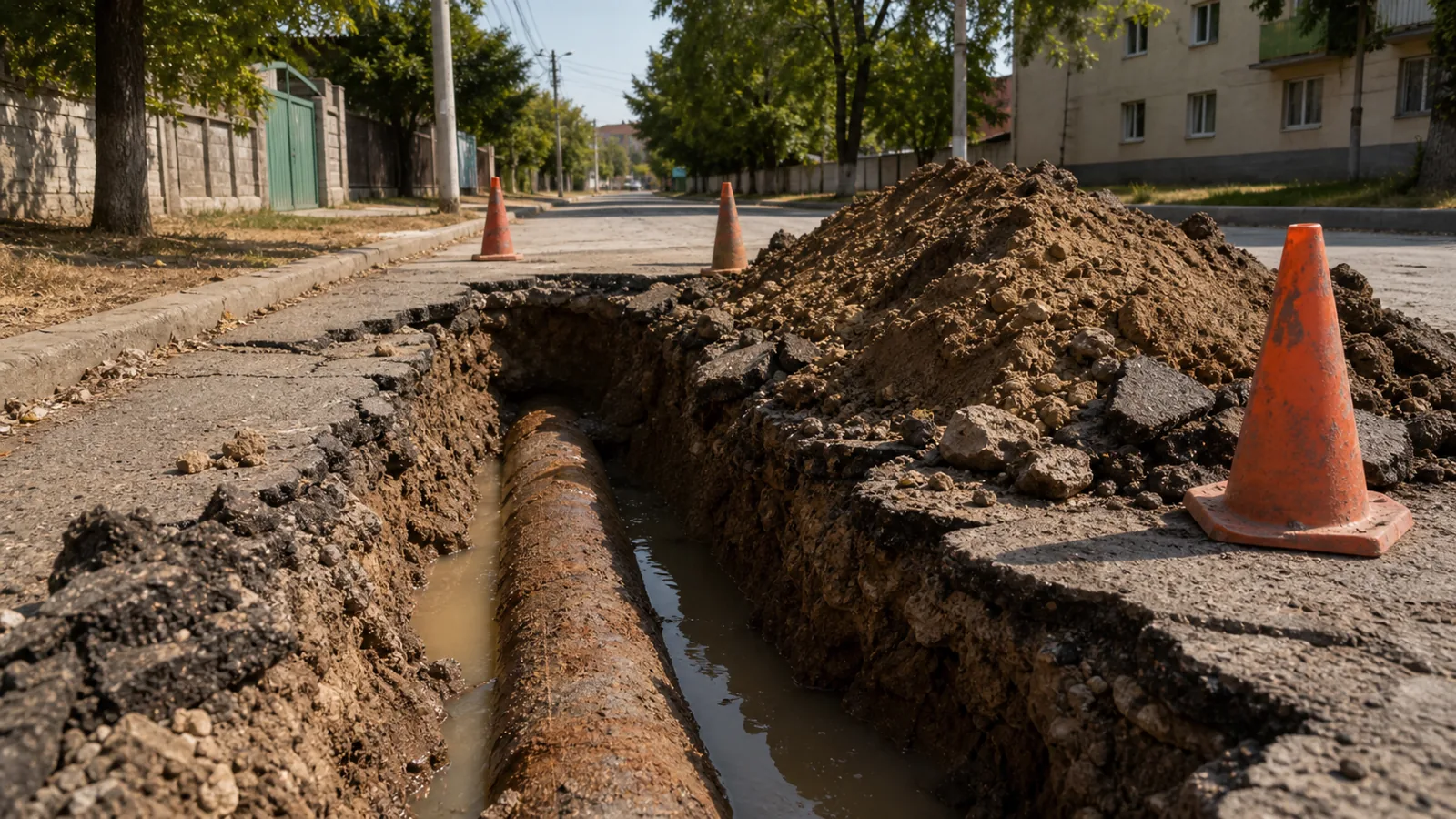 Șanț deschis în asfalt pe o stradă de oraș, cu o conductă groasă de metal expusă și apă adunată pe fund; alături, pământ excavat și borduri de trotuar.