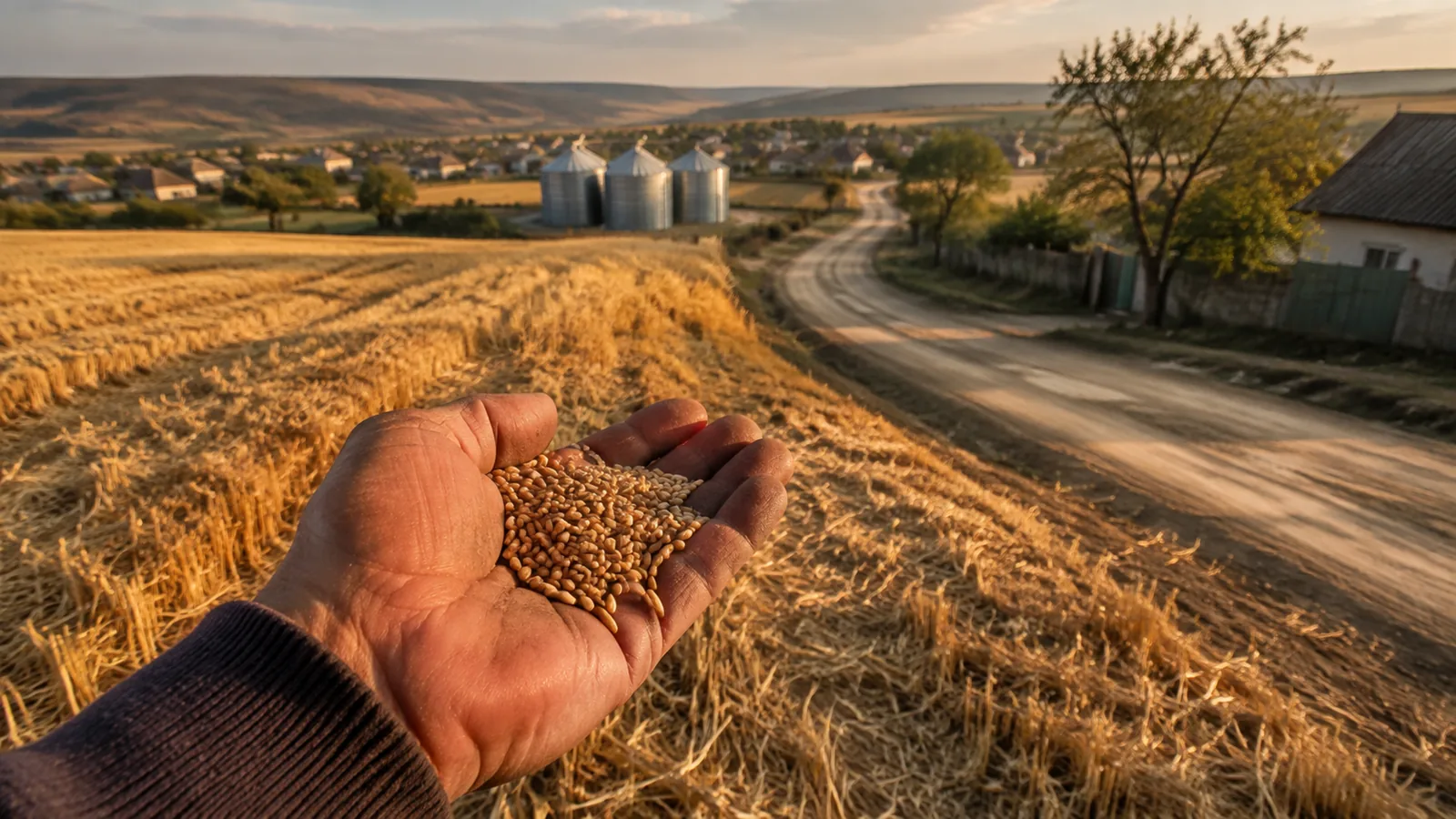 Câmp de grâu recoltat la marginea unui sat din Moldova, în lumina joasă de septembrie, cu boabe de grâu în palma deschisă a unui om.