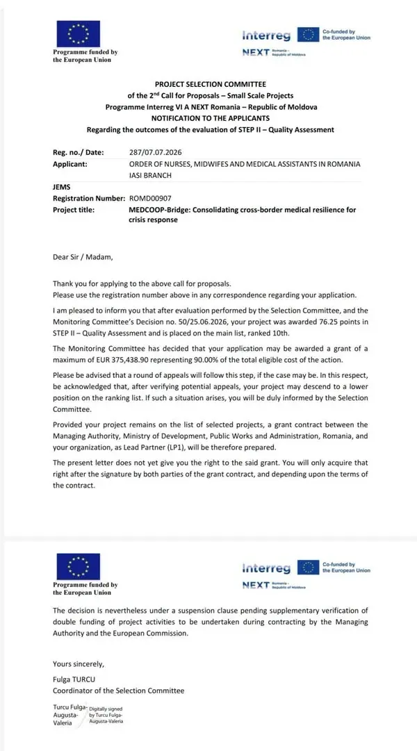 Notificarea oficială a Comitetului de Selecție al Programului Interreg VI-A NEXT România–Republica Moldova privind rezultatul etapei II pentru proiectul MEDCOOP-Bridge: 76,25 de puncte, locul 10 pe lista principală și un grant de maximum 375.438,90 de euro.