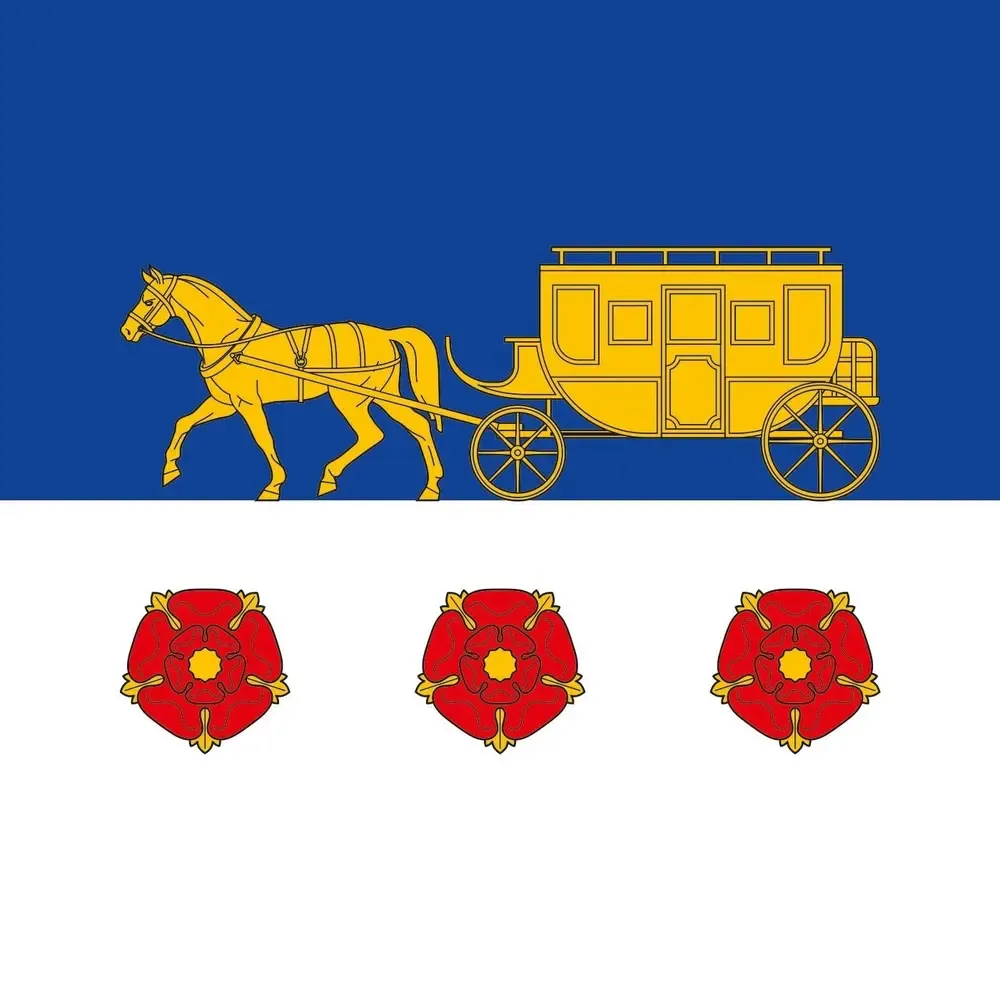Drapelul oficial al satului Sculeni, în albastru și alb, cu diligența trasă de cal și trandafirii roșii preluate de pe stemă.
