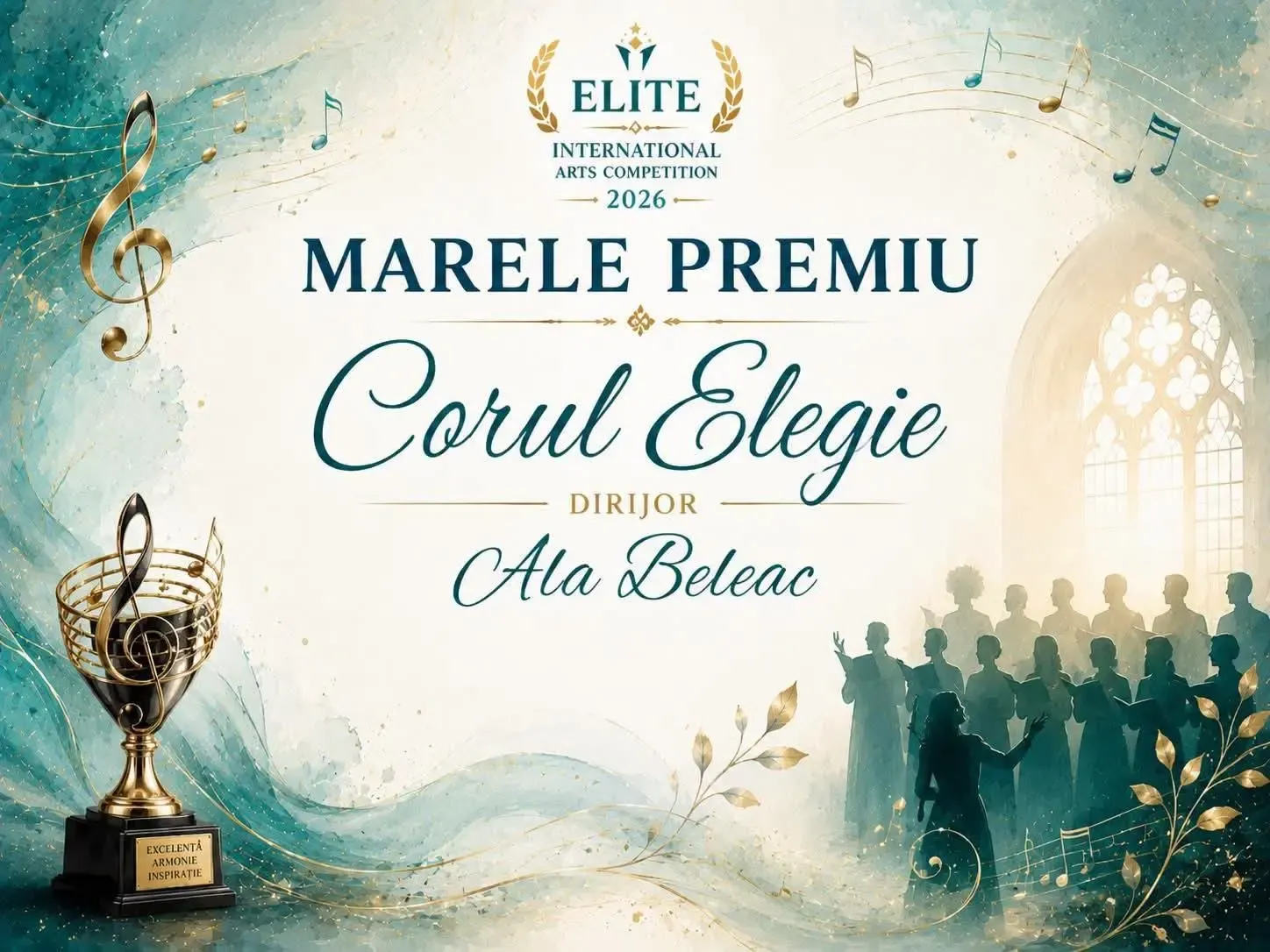 Cardul oficial de premiu al concursului: „ELITE INTERNATIONAL ARTS COMPETITION 2026 — MARELE PREMIU — Corul Elegie — dirijor Ala Beleac”, cu un trofeu și note muzicale stilizate.