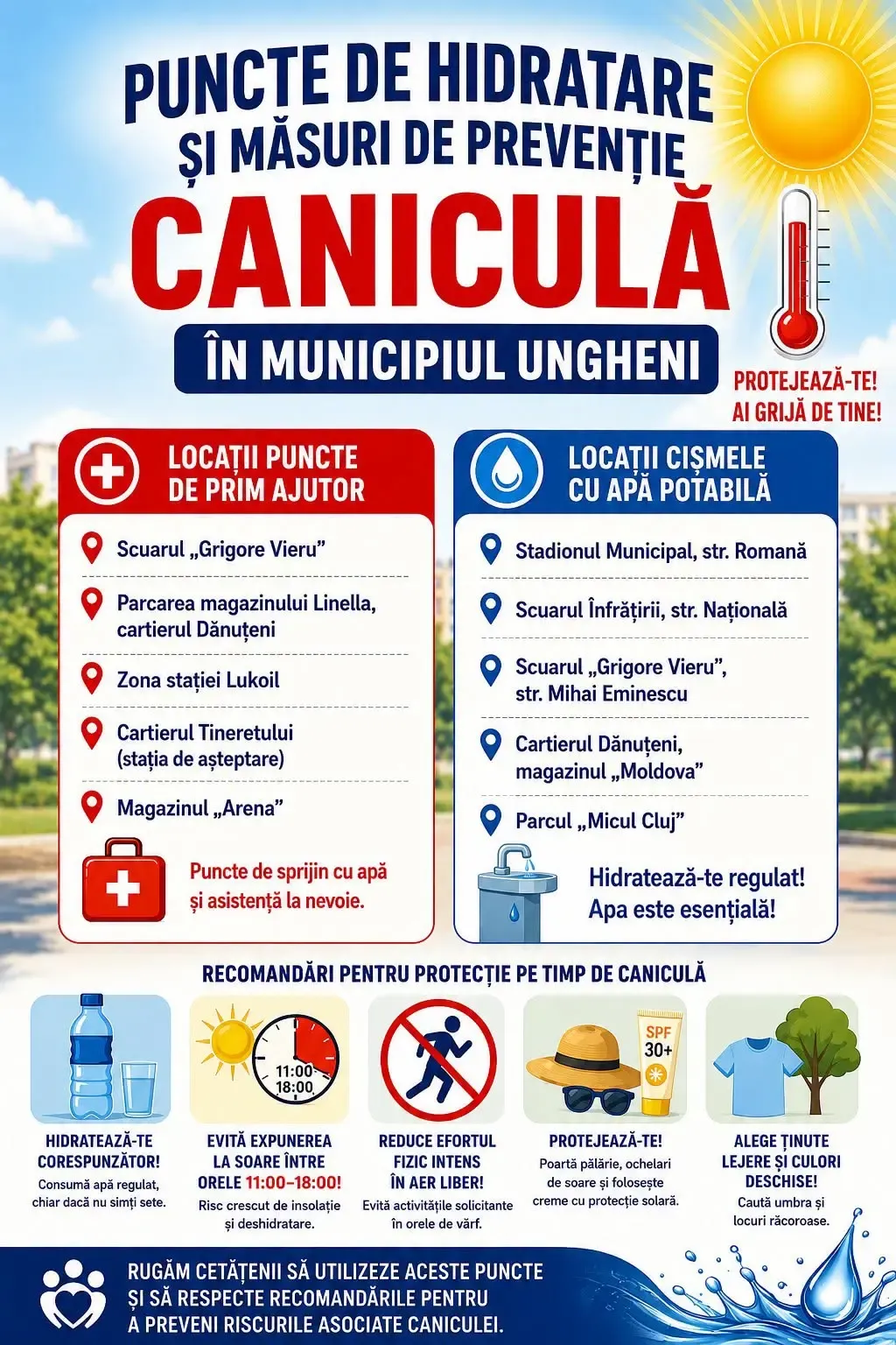 Afișul Primăriei municipiului Ungheni cu locațiile celor cinci puncte de prim ajutor și ale celor cinci cișmele cu apă potabilă deschise pe perioada caniculei.