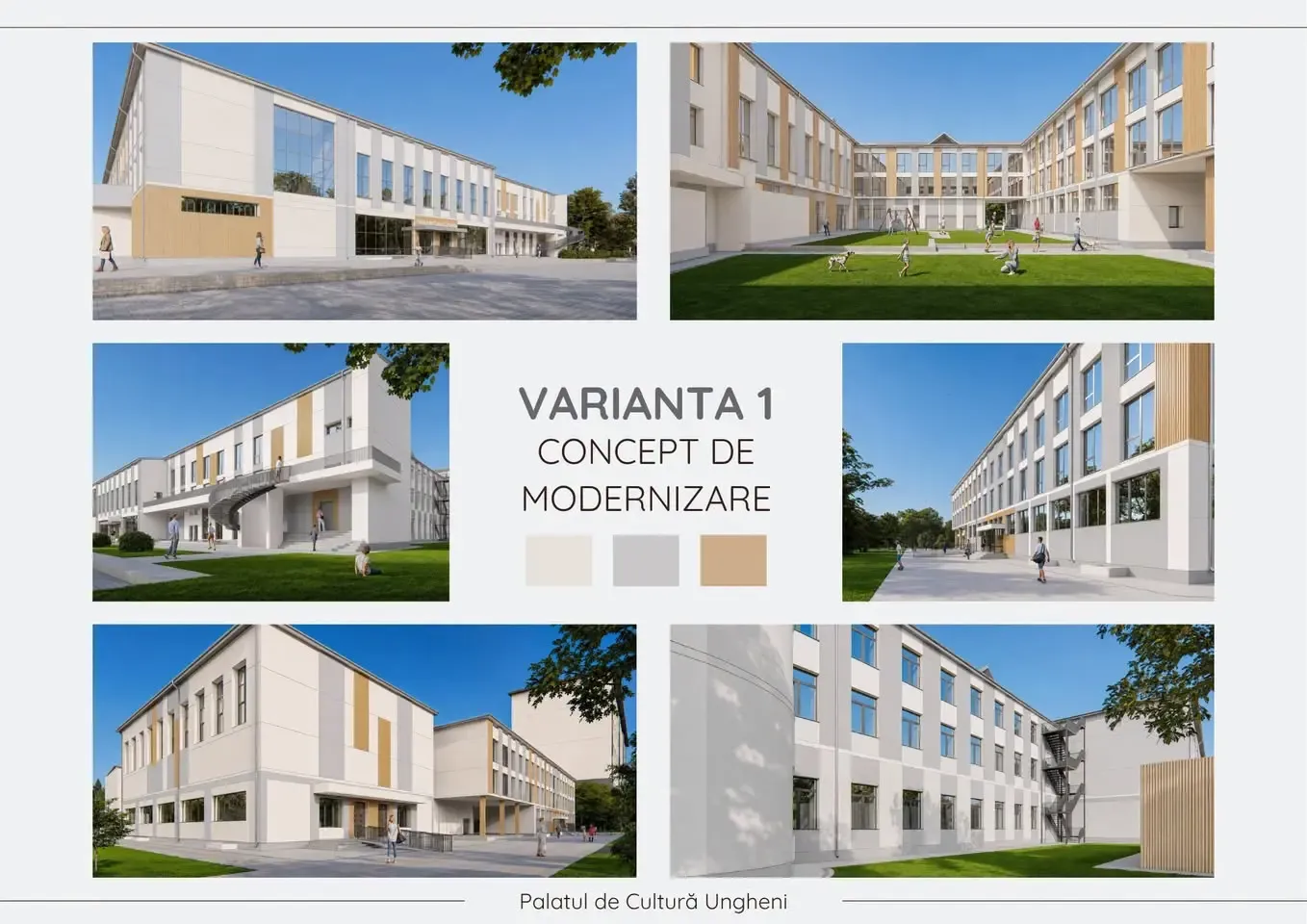 Varianta 1 de modernizare a Palatului de Cultură din Ungheni: fațadă în tonuri deschise de cremă, gri-deschis și lemn natural, prezentată din mai multe unghiuri.