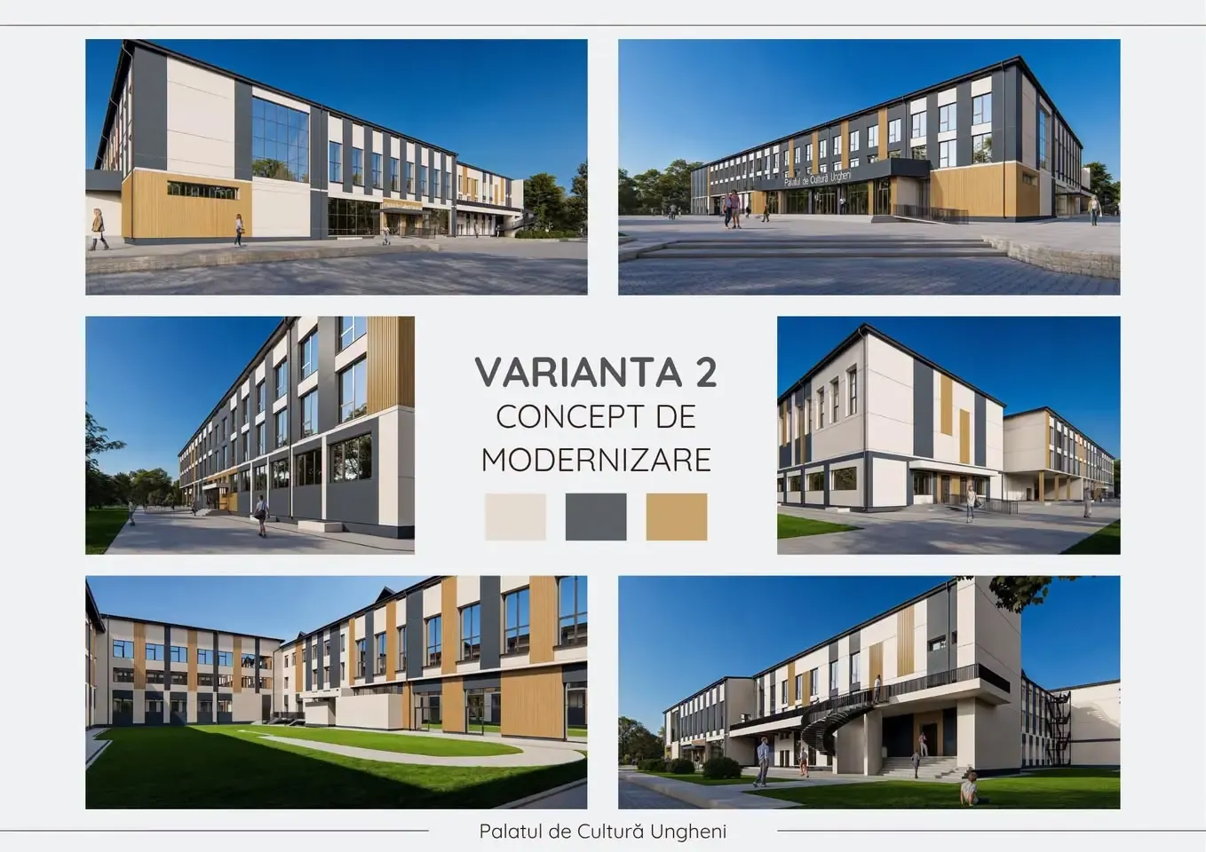 Varianta 2 de modernizare a Palatului de Cultură din Ungheni: aceeași clădire, dar cu accente de gri-antracit care contrastează cu albul și lemnul.