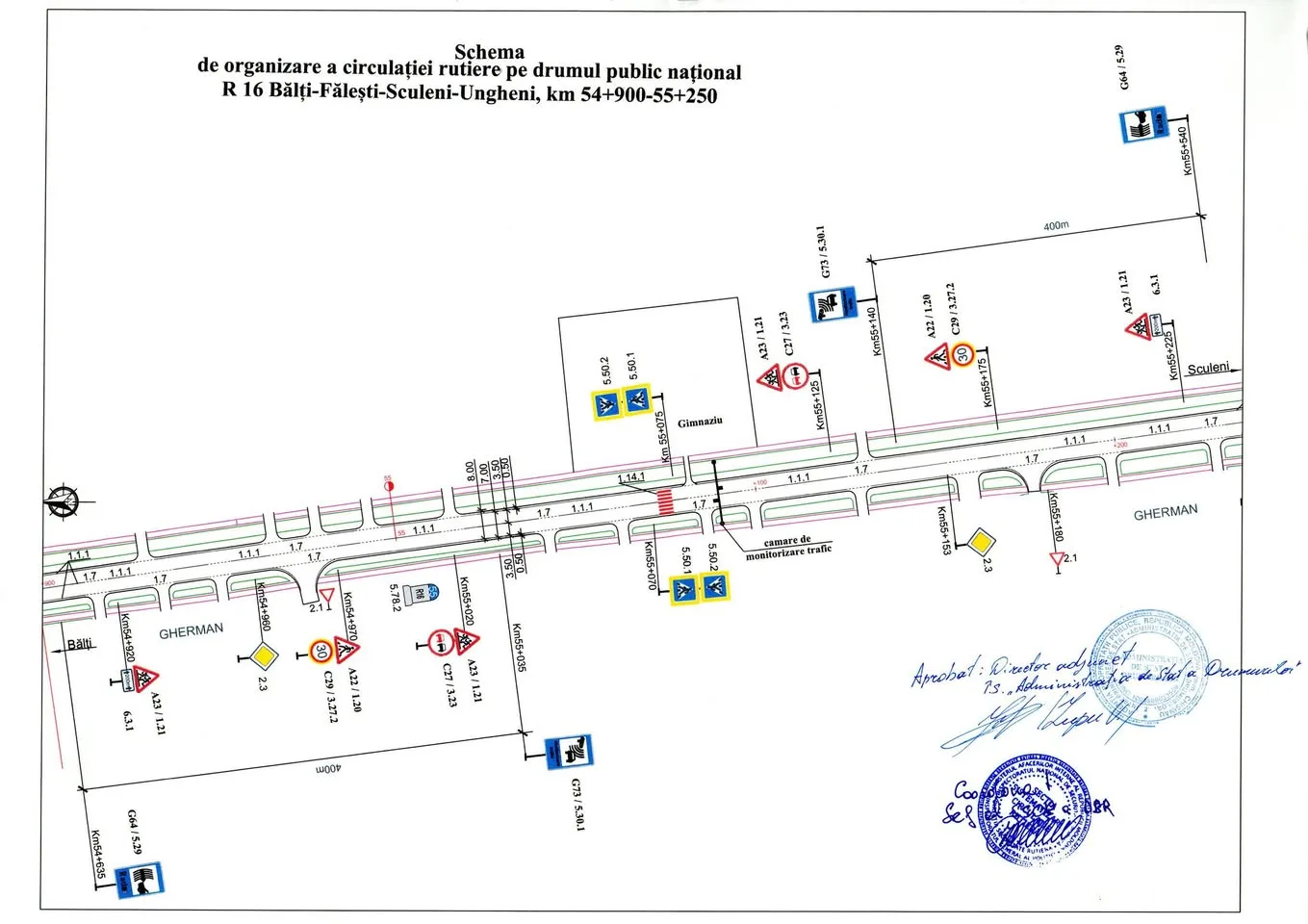 Schema oficială de organizare a circulației pe R16, km 54+900–55+250, cu trecerea, indicatoarele și limita de 30 km/h.
