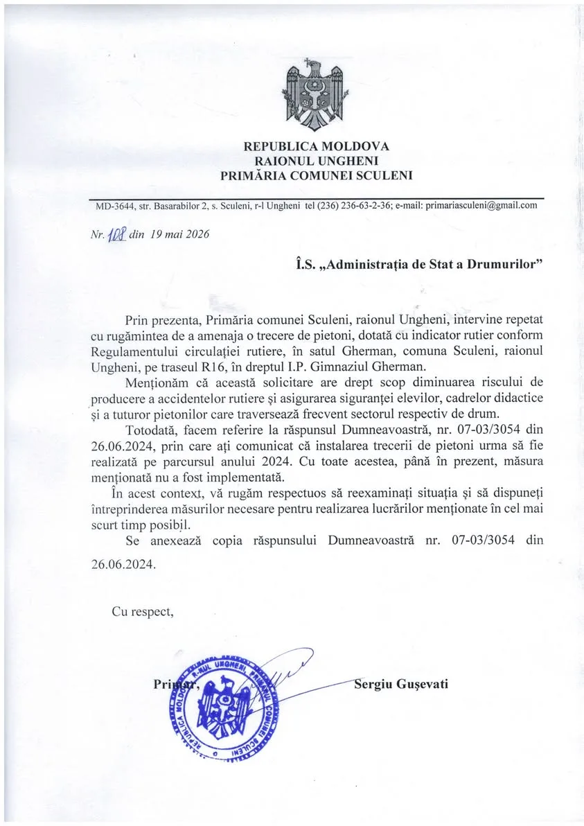 Scrisoarea Primăriei comunei Sculeni către Administrația de Stat a Drumurilor, nr. 108 din 19 mai 2026.